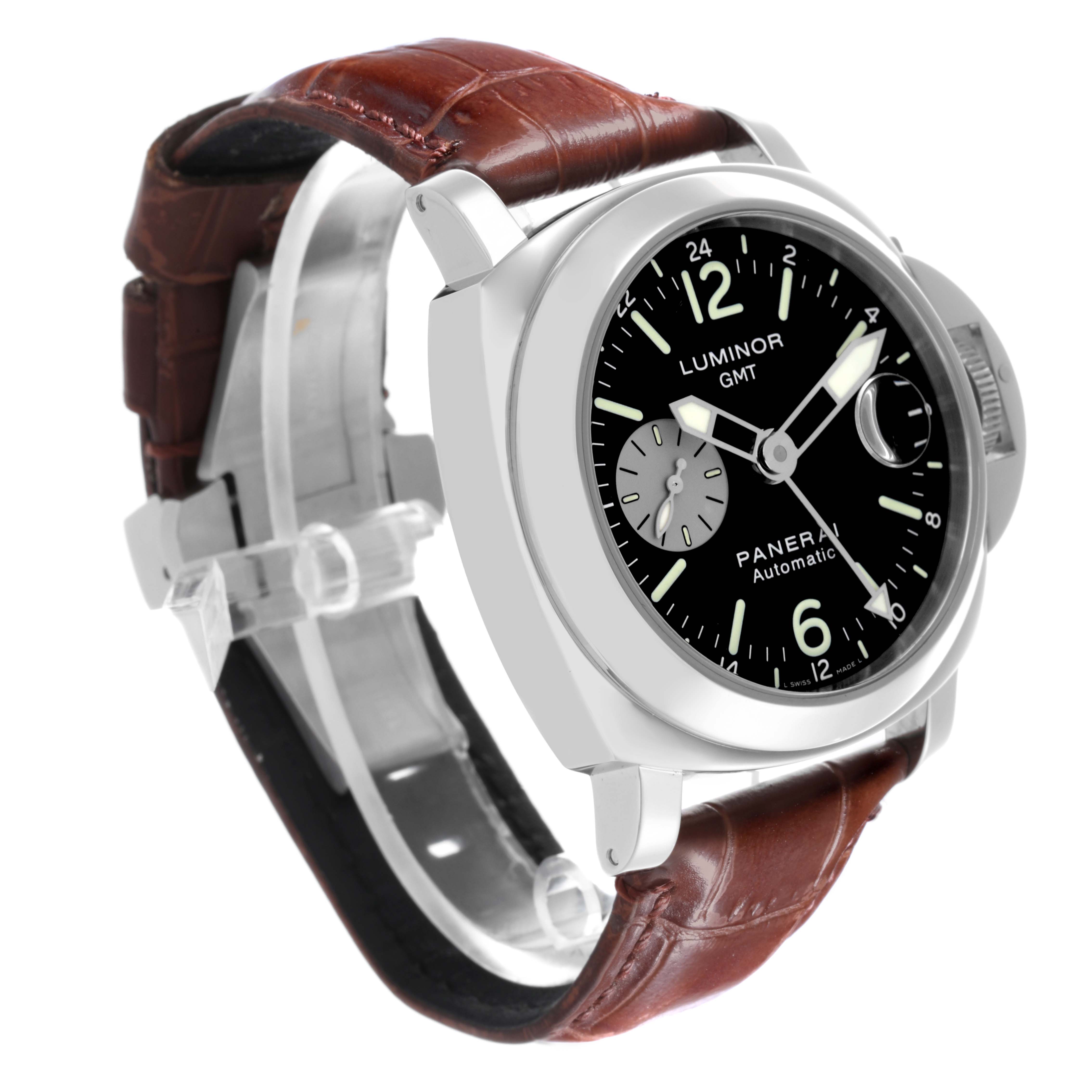 The Panerai Luminor PAM00088 Men
s Stainless Steel Black Dial PAM00088 Men
s Stainless Steel Black Dial watch is shown at a three-quarter angle highlighting the dial, crown, and brown leather strap.