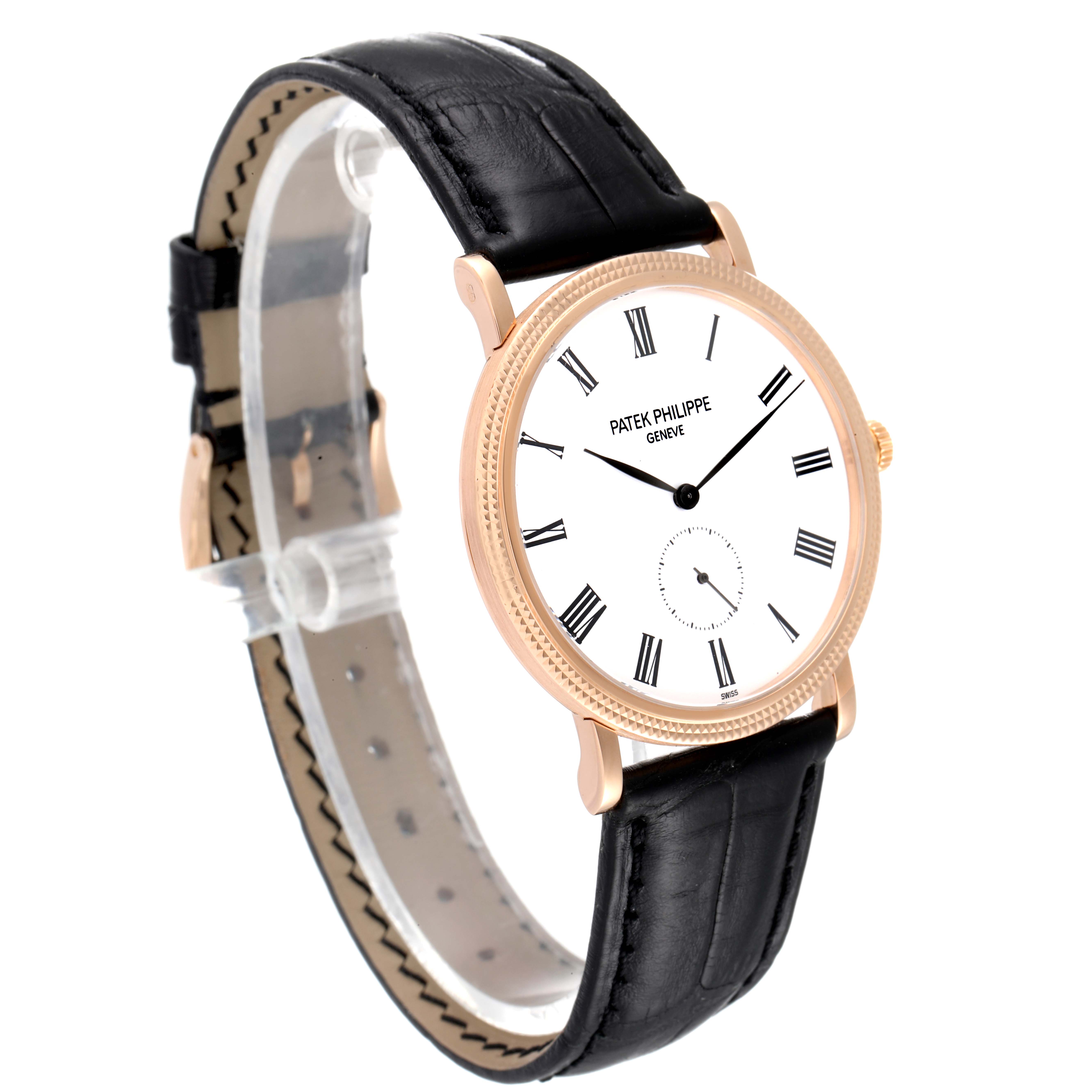 The image shows a Patek Philippe Calatrava 5119R Men
s Rose Gold White Dial 5119R Men
s Rose Gold White Dial watch at a three-quarter angle, highlighting the dial, case, and leather strap.