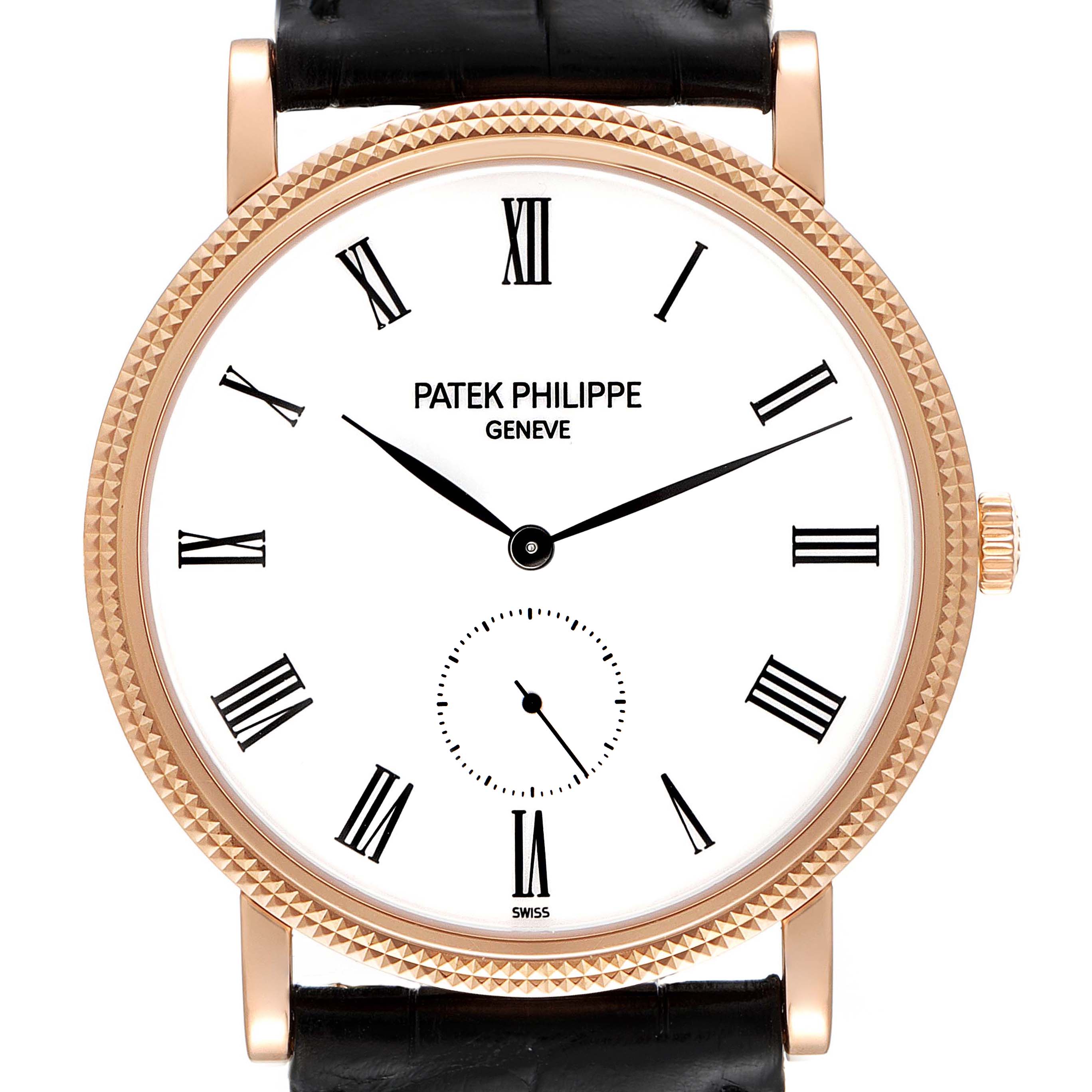 This image shows a front view of a Patek Philippe Calatrava 5119R Men
s Rose Gold White Dial 5119R Men
s Rose Gold White Dial watch, highlighting its Roman numeral dial, hands, and crown.
