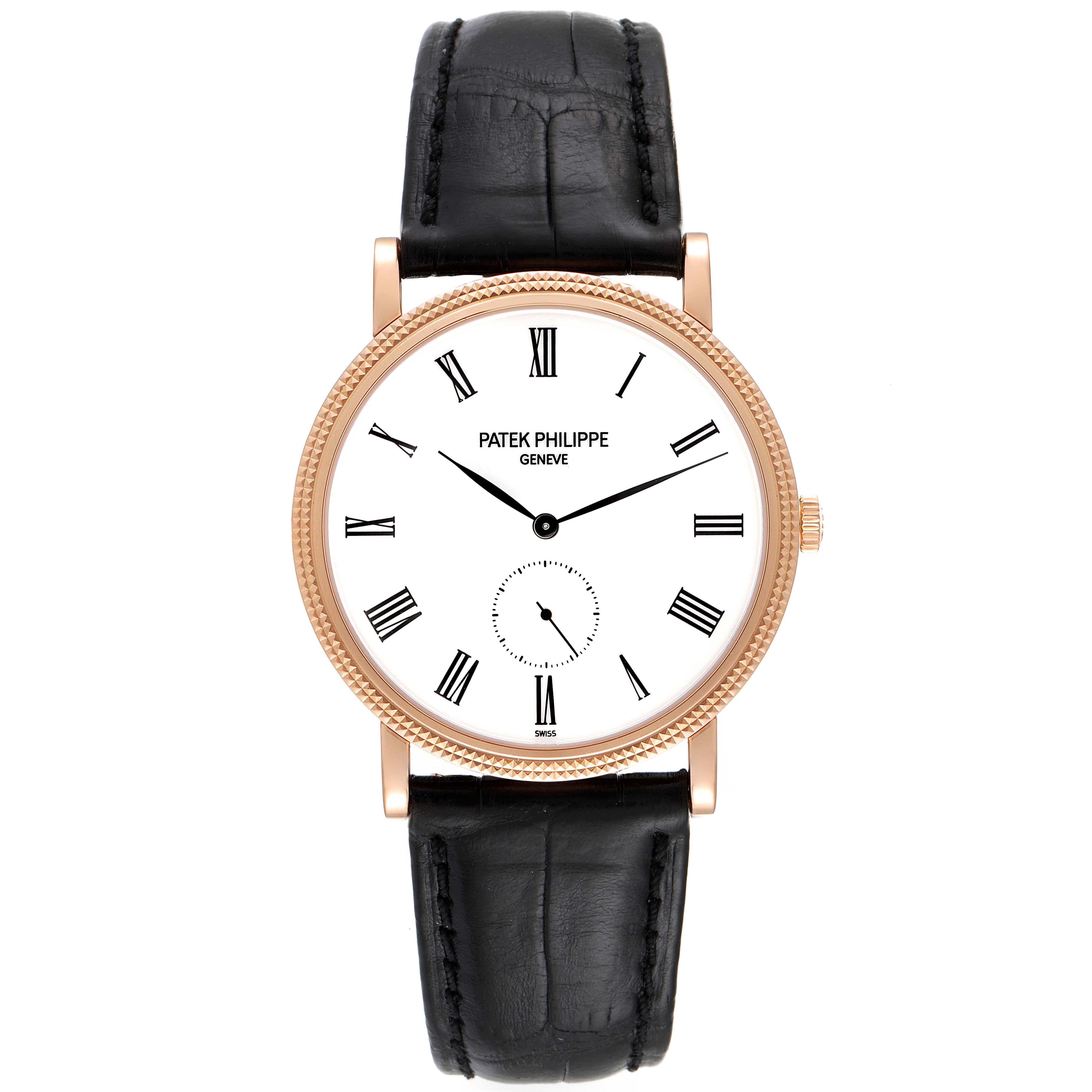 The image shows a front view of a Patek Philippe Calatrava 5119R Men
s Rose Gold White Dial 5119R Men
s Rose Gold White Dial watch with a black leather strap and Roman numeral dial.