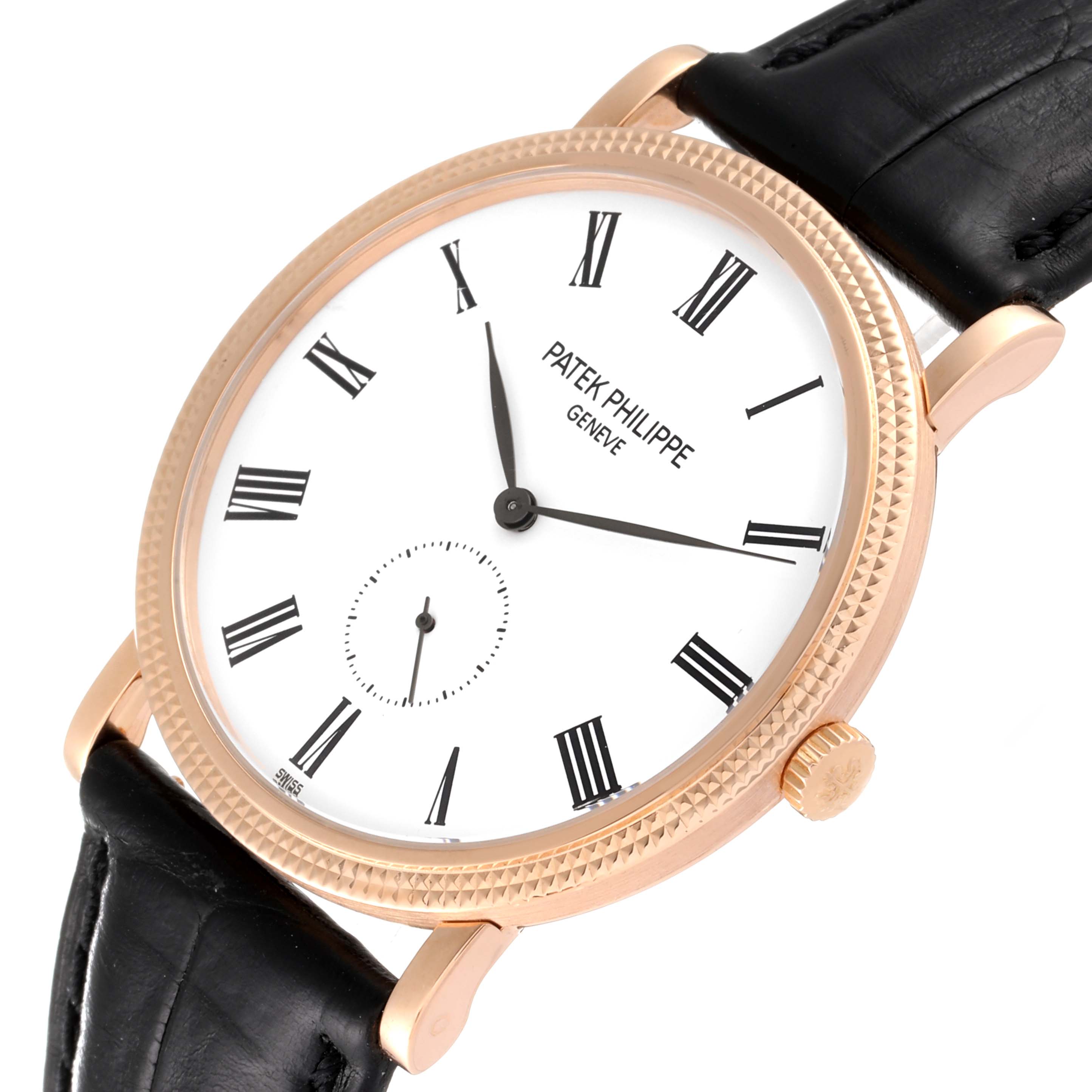 This image shows a close-up angle of the Patek Philippe Calatrava 5119R Men
s Rose Gold White Dial 5119R Men
s Rose Gold White Dial watch, highlighting its dial, crown, and strap.