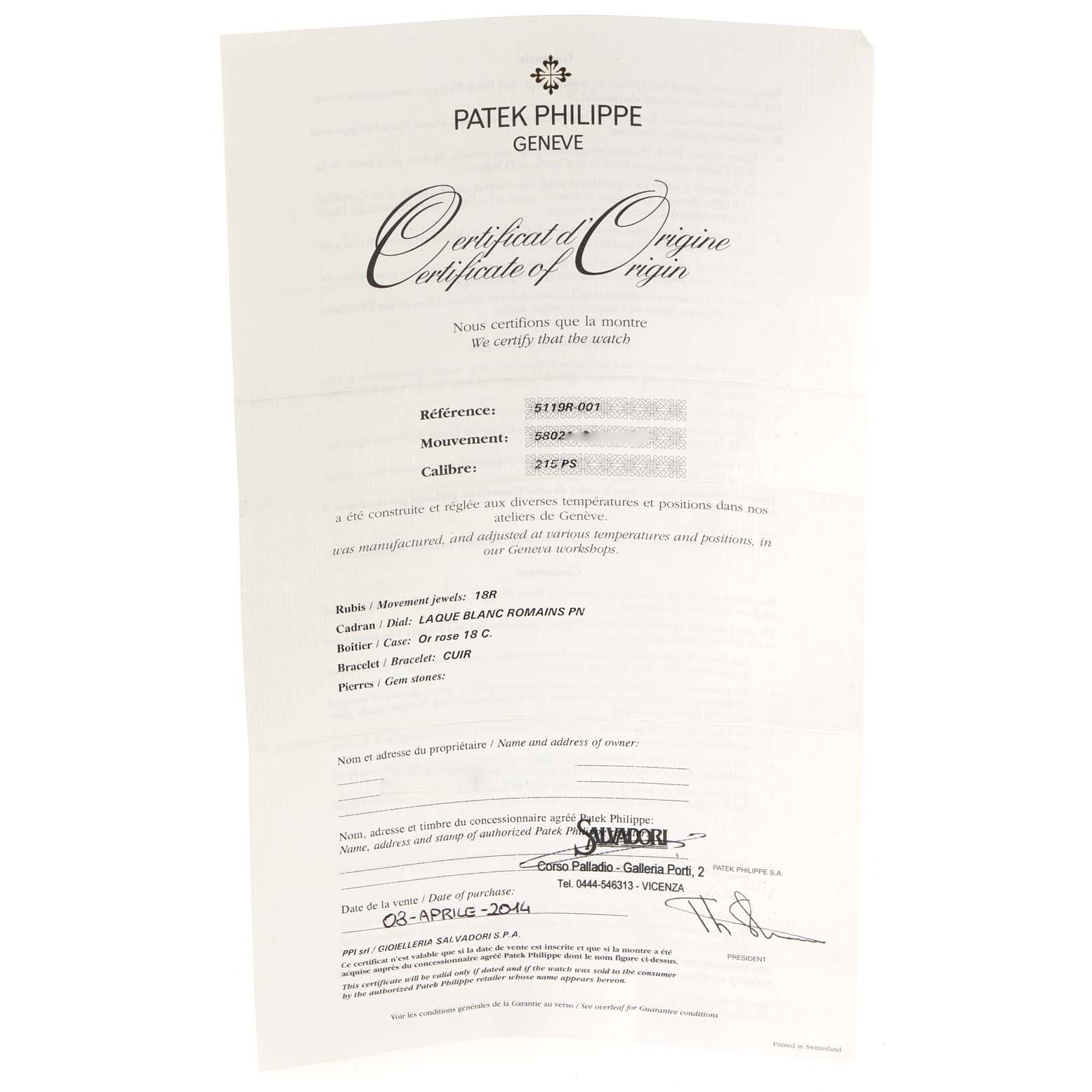 The image shows a Patek Philippe Certificate of Origin for a Calatrava model, detailing its reference, movement, and caliber.