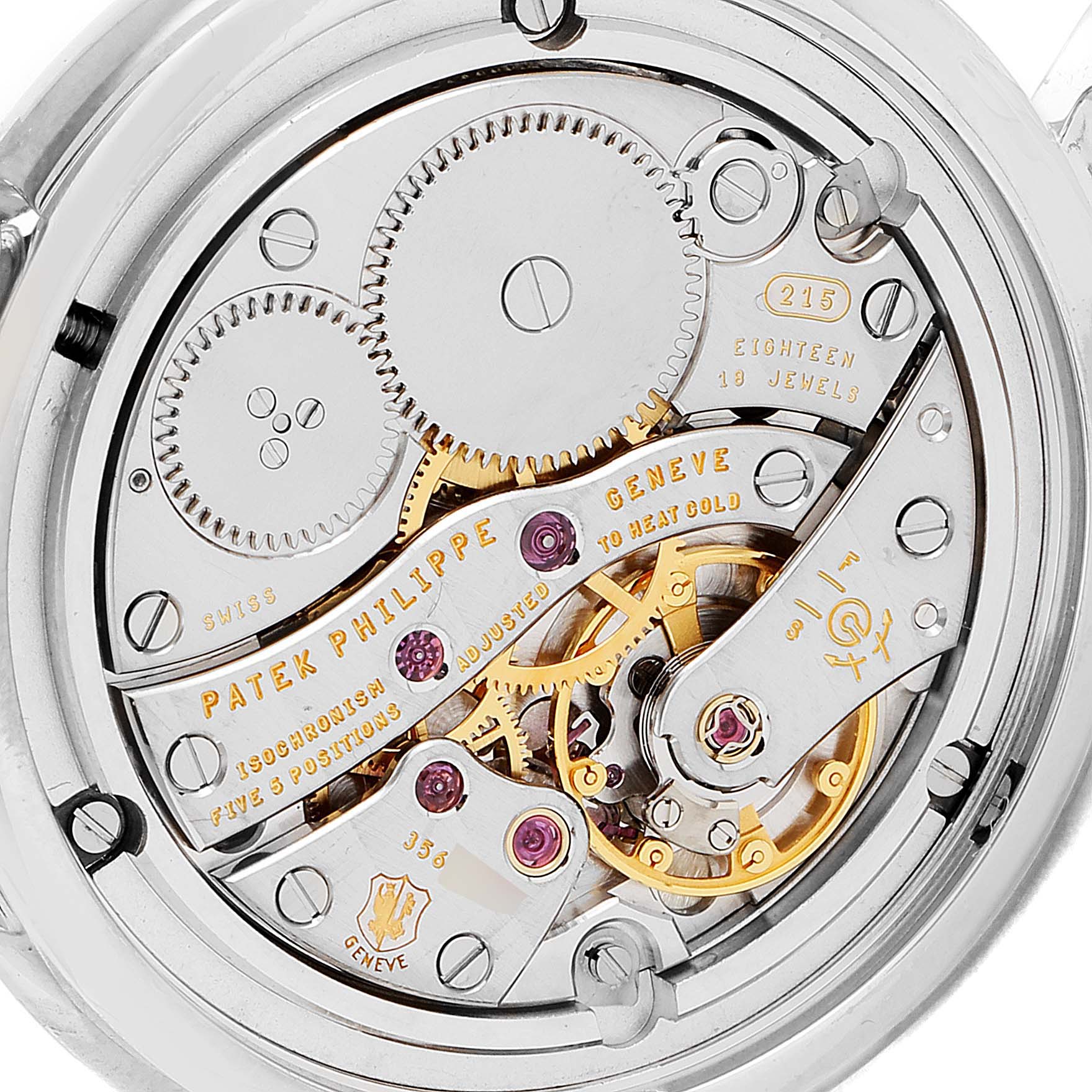 This image shows a close-up view of the movement mechanism in the Patek Philippe Calatrava 4959G Women's White Gold Mother of Pearl Dial 4959G Women's White Gold Mother of Pearl Dial watch.