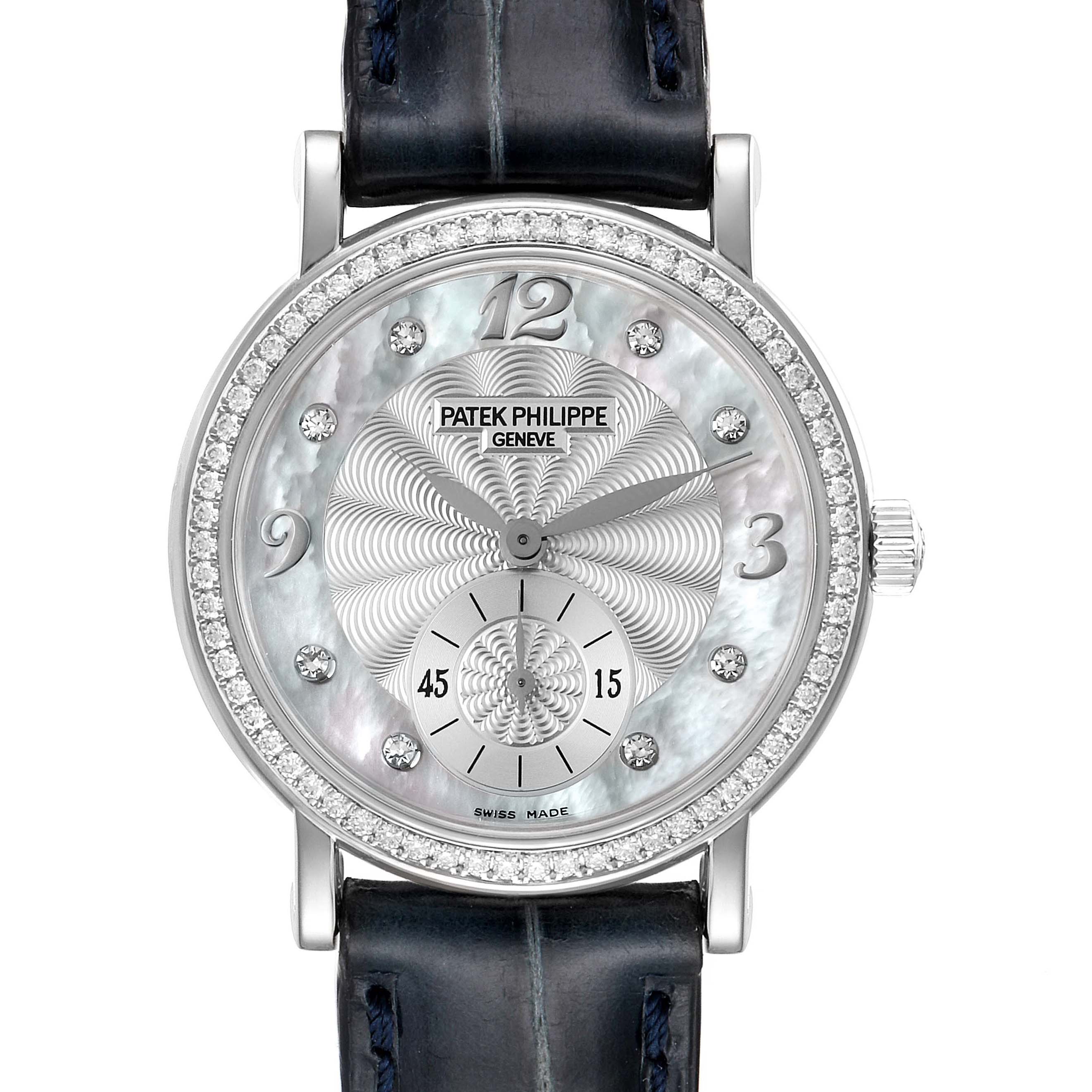 The image shows a front view of a Patek Philippe Calatrava 4959G Women's White Gold Mother of Pearl Dial 4959G Women's White Gold Mother of Pearl Dial watch with a diamond bezel and mother-of-pearl dial.