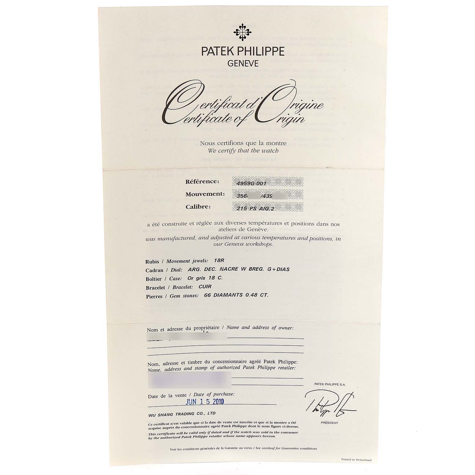 The image shows the Certificate of Origin for a Patek Philippe Calatrava 4959G Women's White Gold Mother of Pearl Dial 4959G Women's White Gold Mother of Pearl Dial watch.
