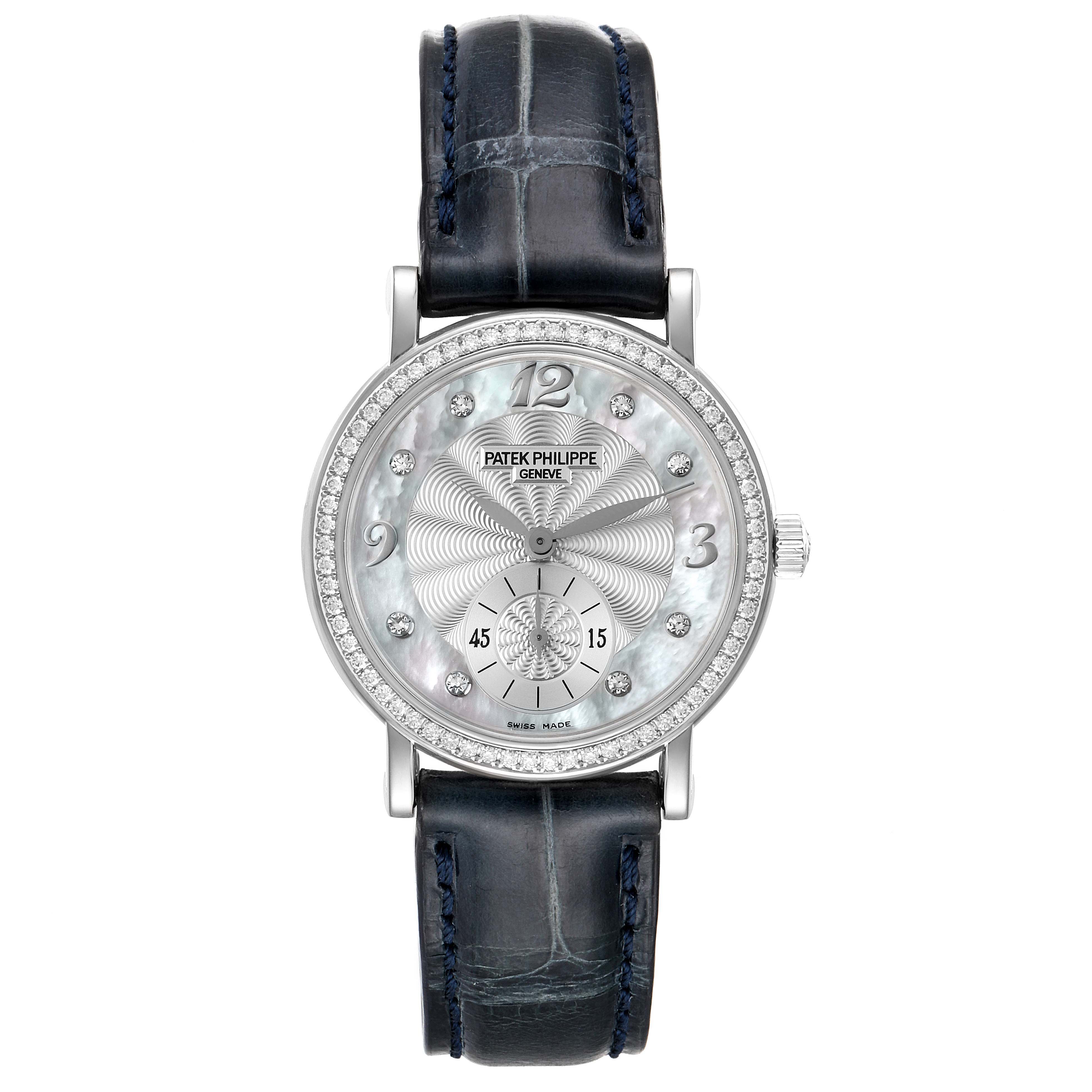 This image shows a front view of a Patek Philippe Calatrava 4959G Women's White Gold Mother of Pearl Dial 4959G Women's White Gold Mother of Pearl Dial watch, displaying its dial, case, and leather strap.