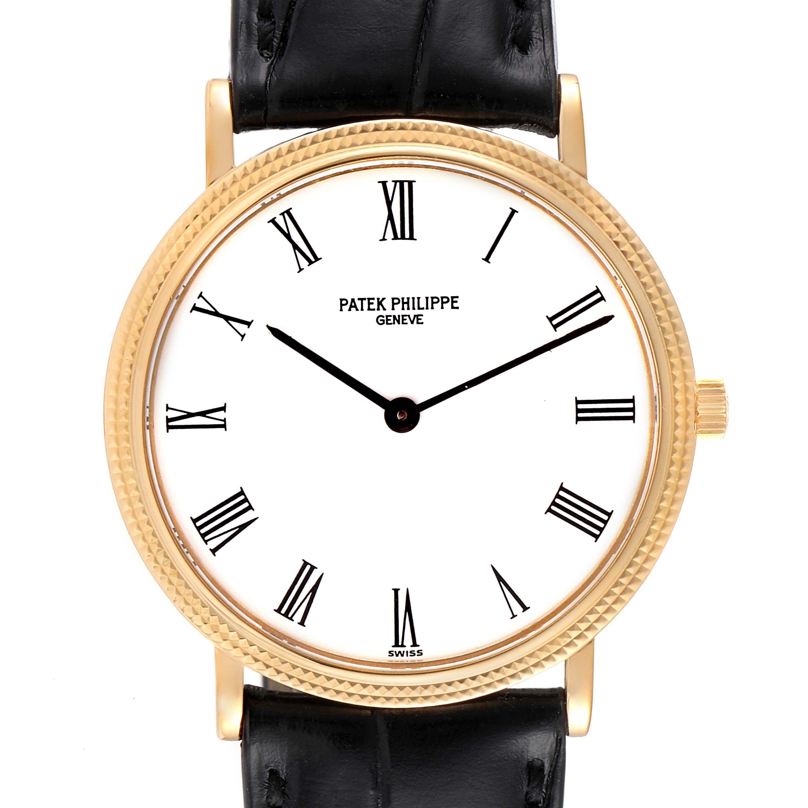 This image shows a front view of a Patek Philippe Calatrava 3954J Men's Yellow Gold White Dial 3954J Men's Yellow Gold White Dial watch, displaying its dial, hands, and leather strap.