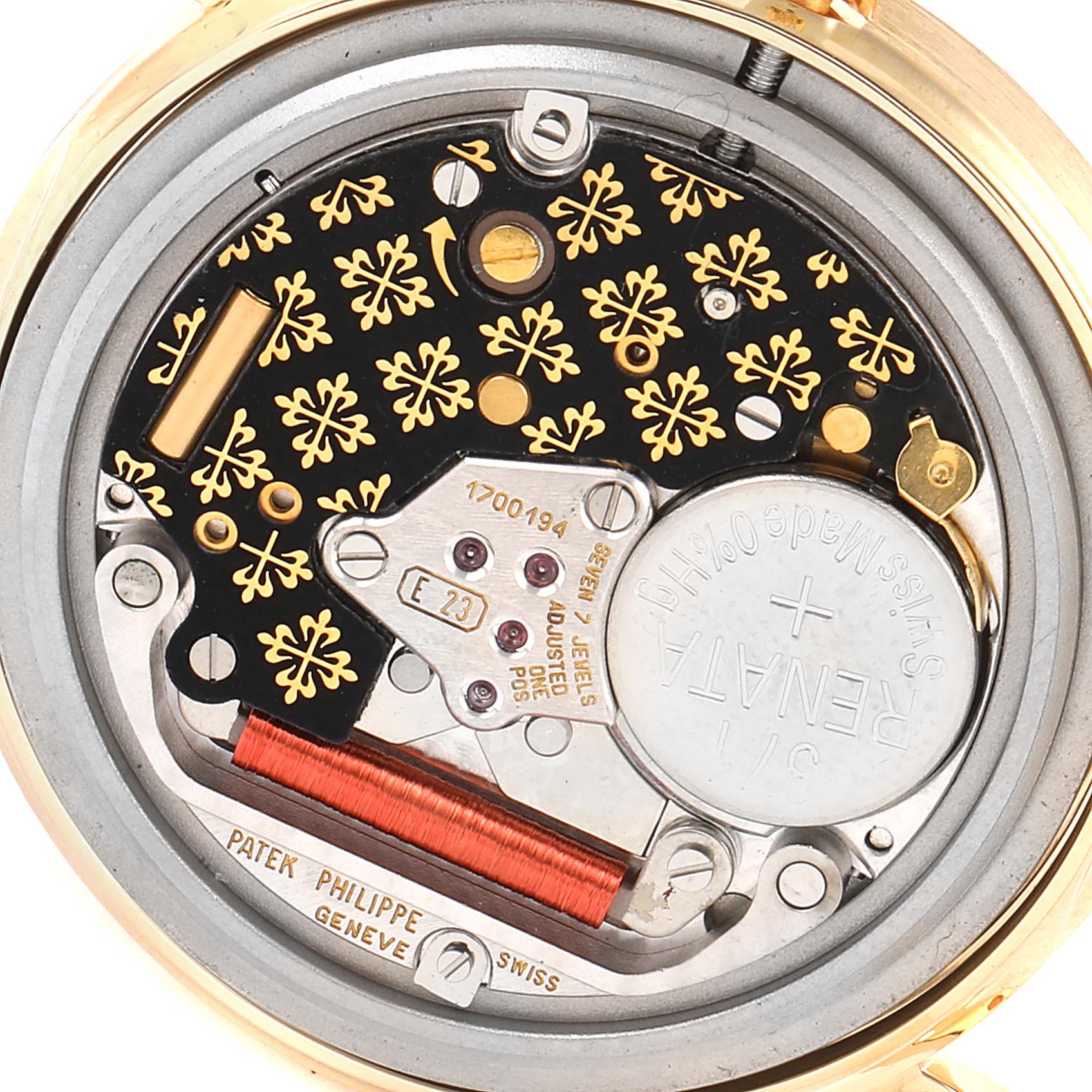 This image shows the internal movement components of a Patek Philippe Calatrava 3954J Men's Yellow Gold White Dial 3954J Men's Yellow Gold White Dial watch from the back angle.