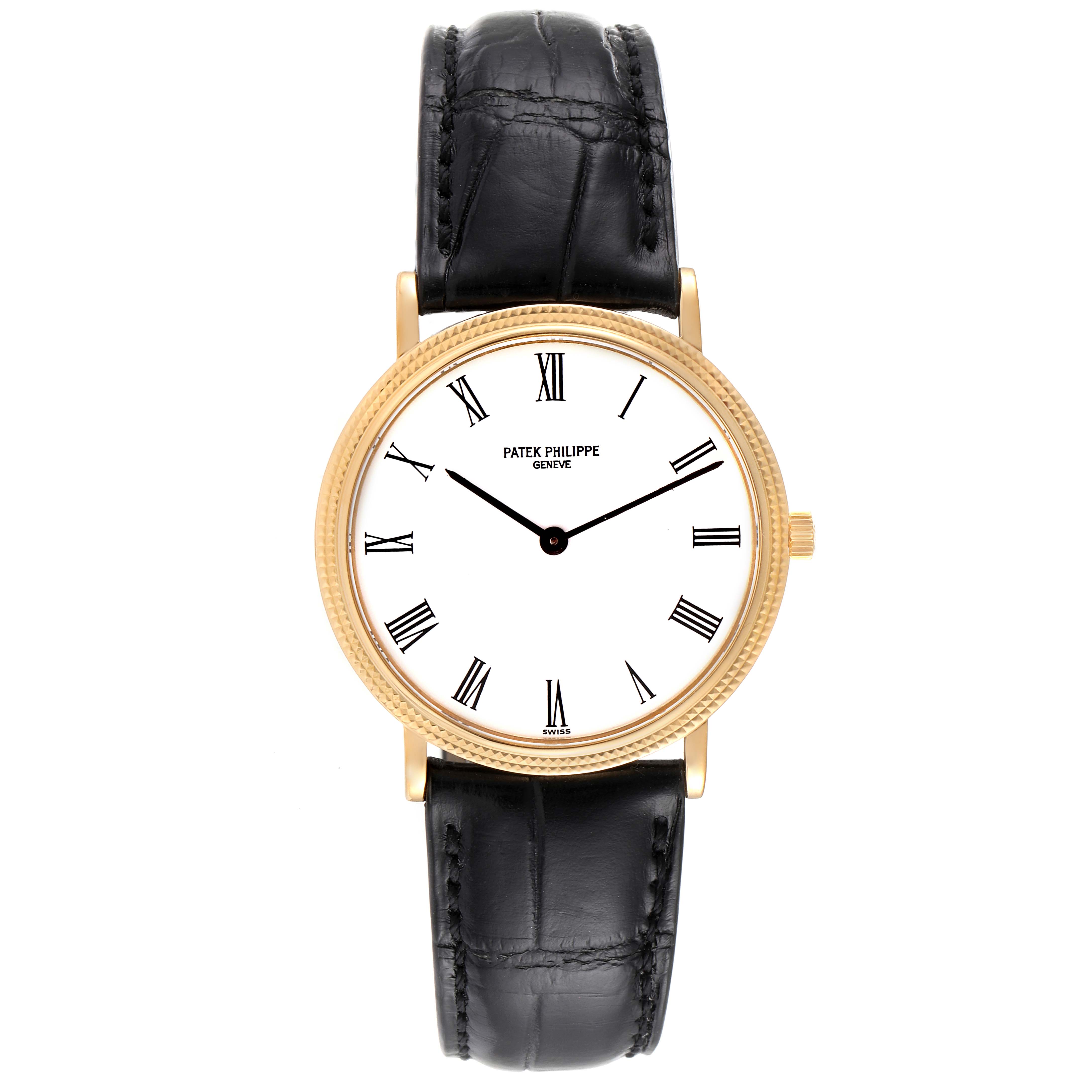 This Patek Philippe Calatrava 3954J Men's Yellow Gold White Dial 3954J Men's Yellow Gold White Dial watch is shown from the front, highlighting its gold case, black leather strap, and white dial with Roman numerals.
