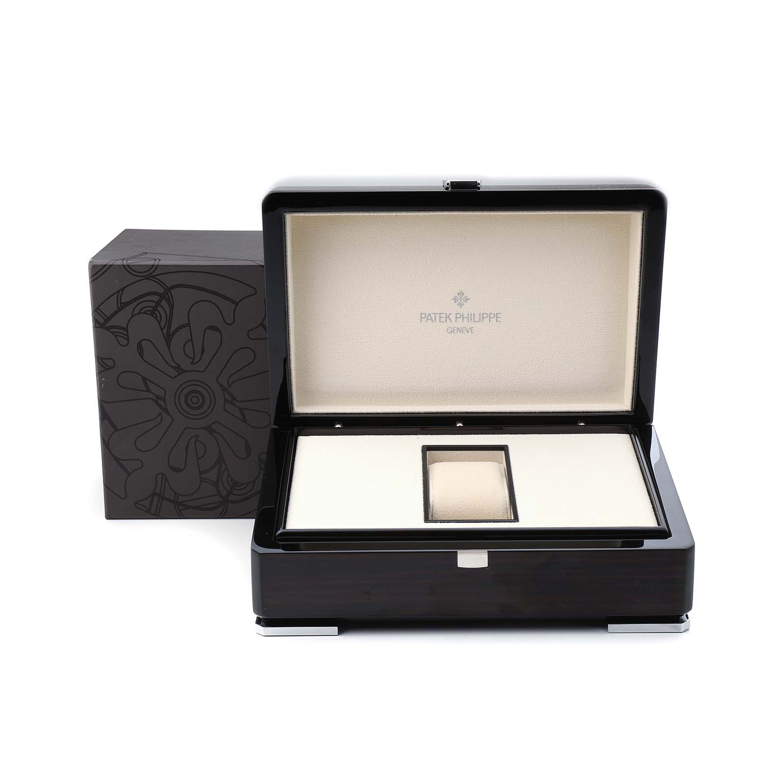 The image shows an open Patek Philippe Complications 5146J Men's Yellow Gold Beige Dial watch box with decorative packaging, seen from a frontal angle.