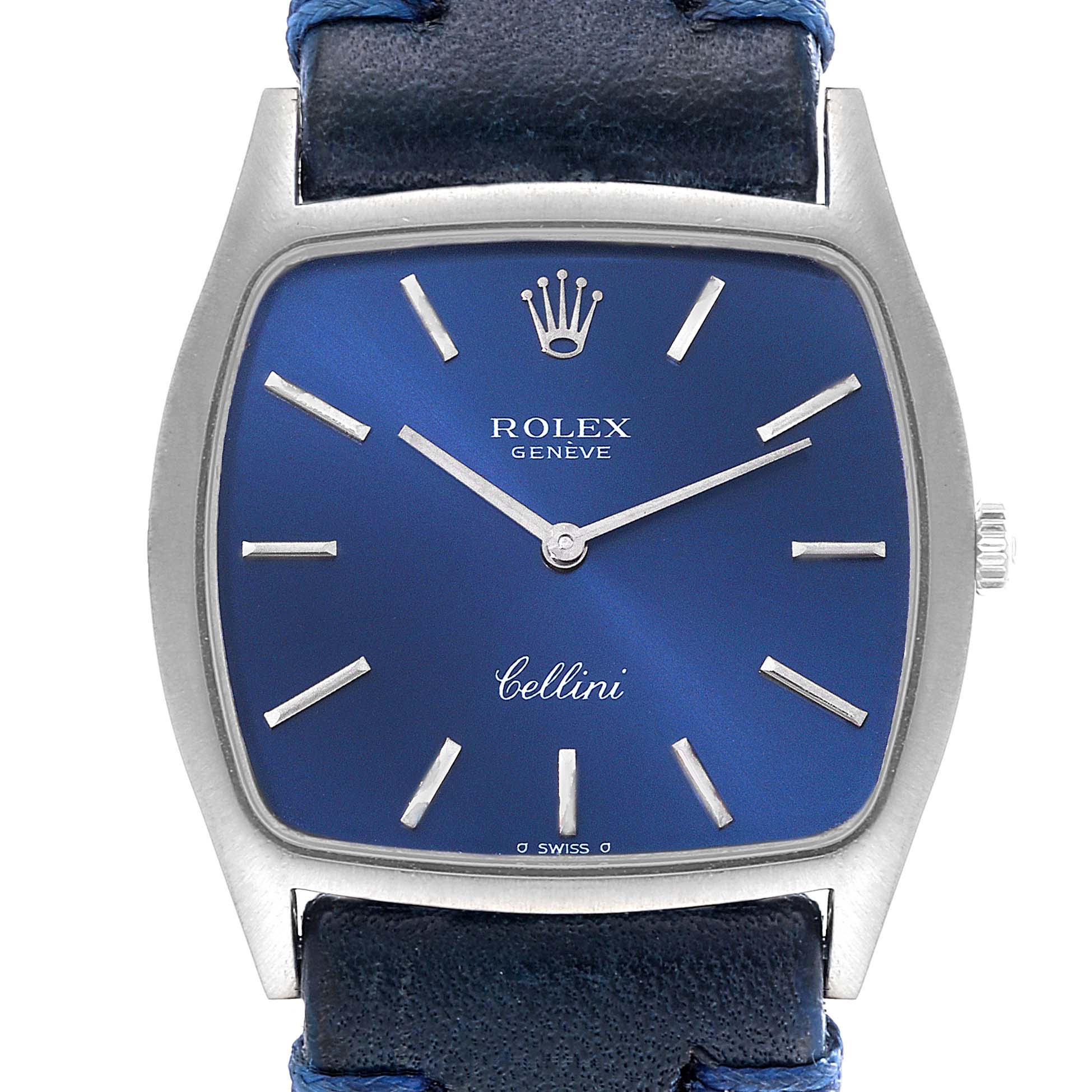 The image shows a close-up of the Rolex Cellini 3805 Men's Stainless Steel Blue Dial 3805 Men's Stainless Steel Blue Dial watch face and a portion of its leather strap at a slightly tilted angle.