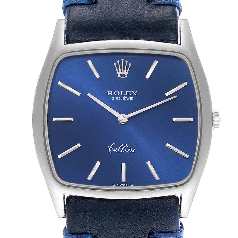 Rolex Cellini 18k White Gold Blue Strap Mens Vintage Watch 3805 SwissWatchExpo