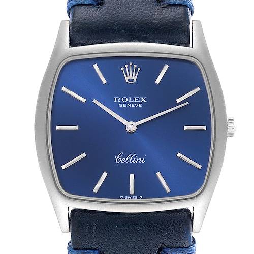 Photo of Rolex Cellini 18k White Gold Blue Strap Mens Vintage Watch 3805