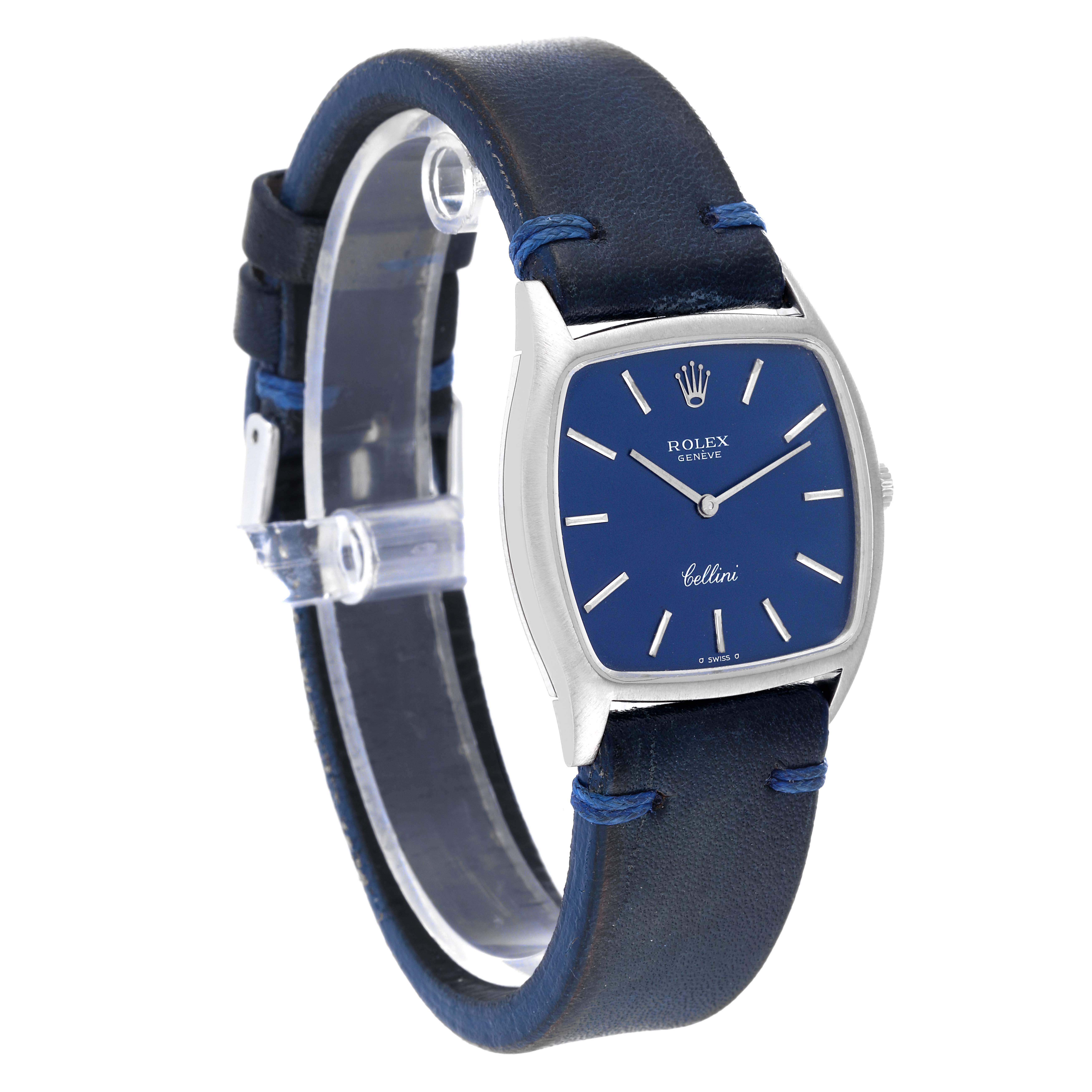 The image shows a Rolex Cellini 3805 Men's Stainless Steel Blue Dial 3805 Men's Stainless Steel Blue Dial watch at a slight angle, featuring its blue dial, leather strap, and silver case.
