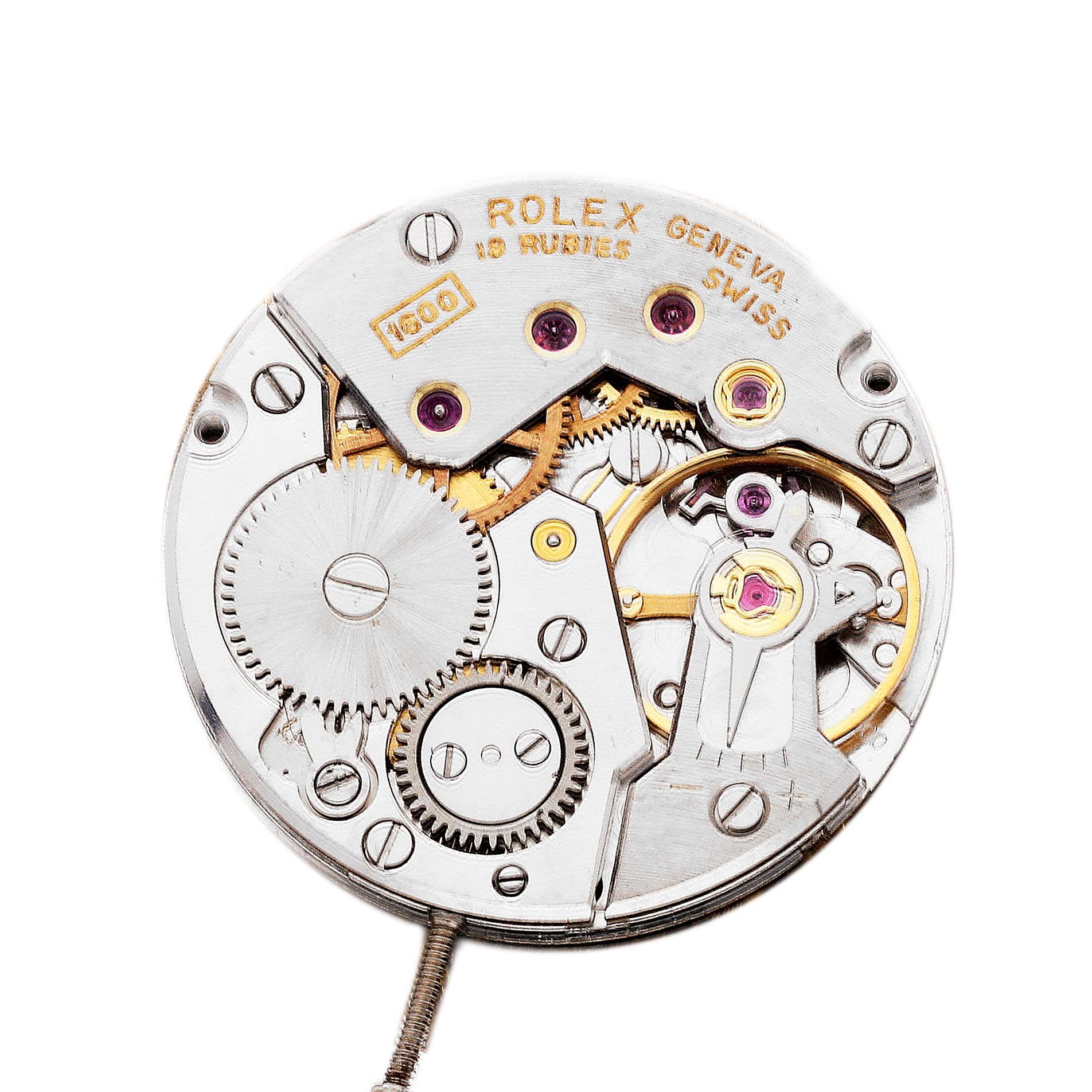 The image shows the internal mechanism of a Rolex Cellini 3805 Men's Stainless Steel Blue Dial 3805 Men's Stainless Steel Blue Dial watch, highlighting gears and components from a top-down view.
