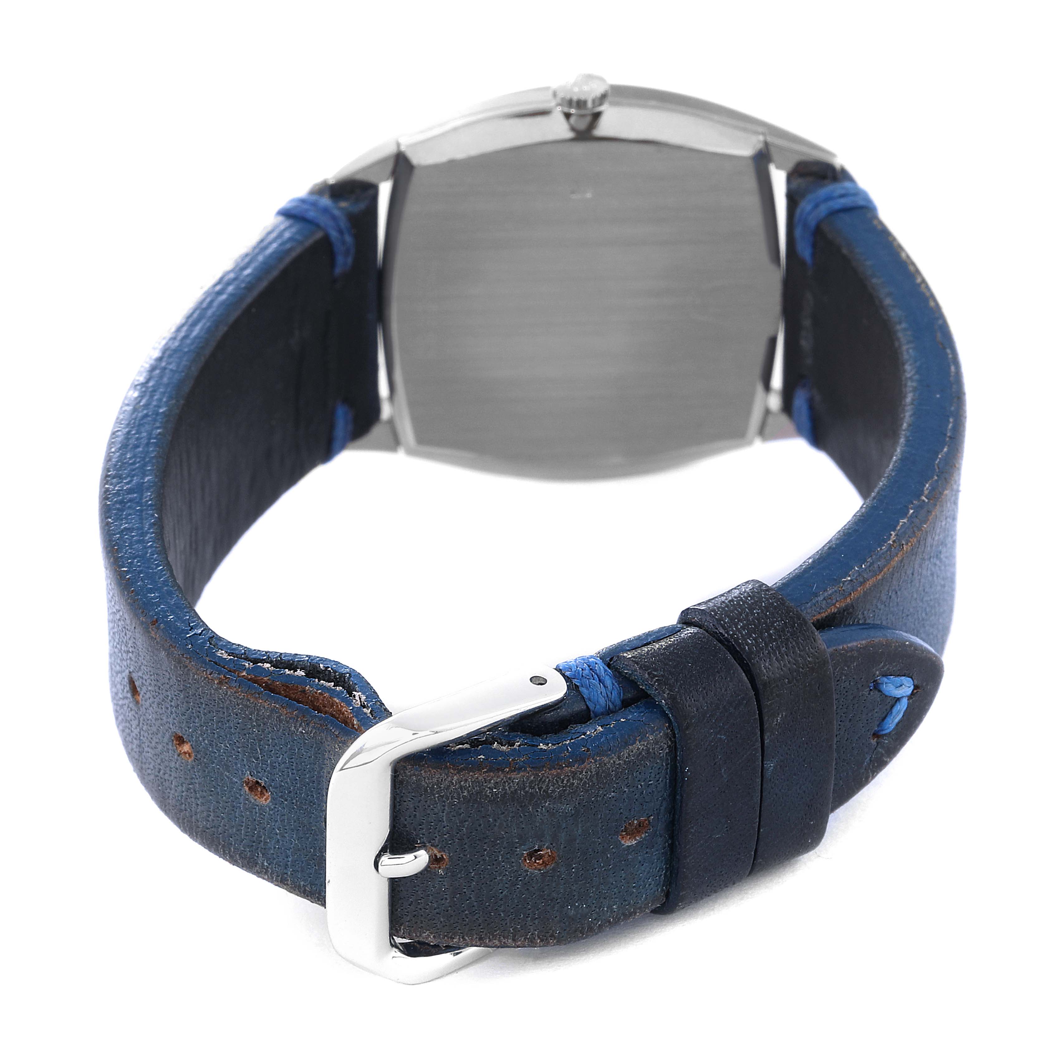 This image shows the back angle of a Rolex Cellini 3805 Men's Stainless Steel Blue Dial 3805 Men's Stainless Steel Blue Dial watch with a close-up of its leather strap and buckle.