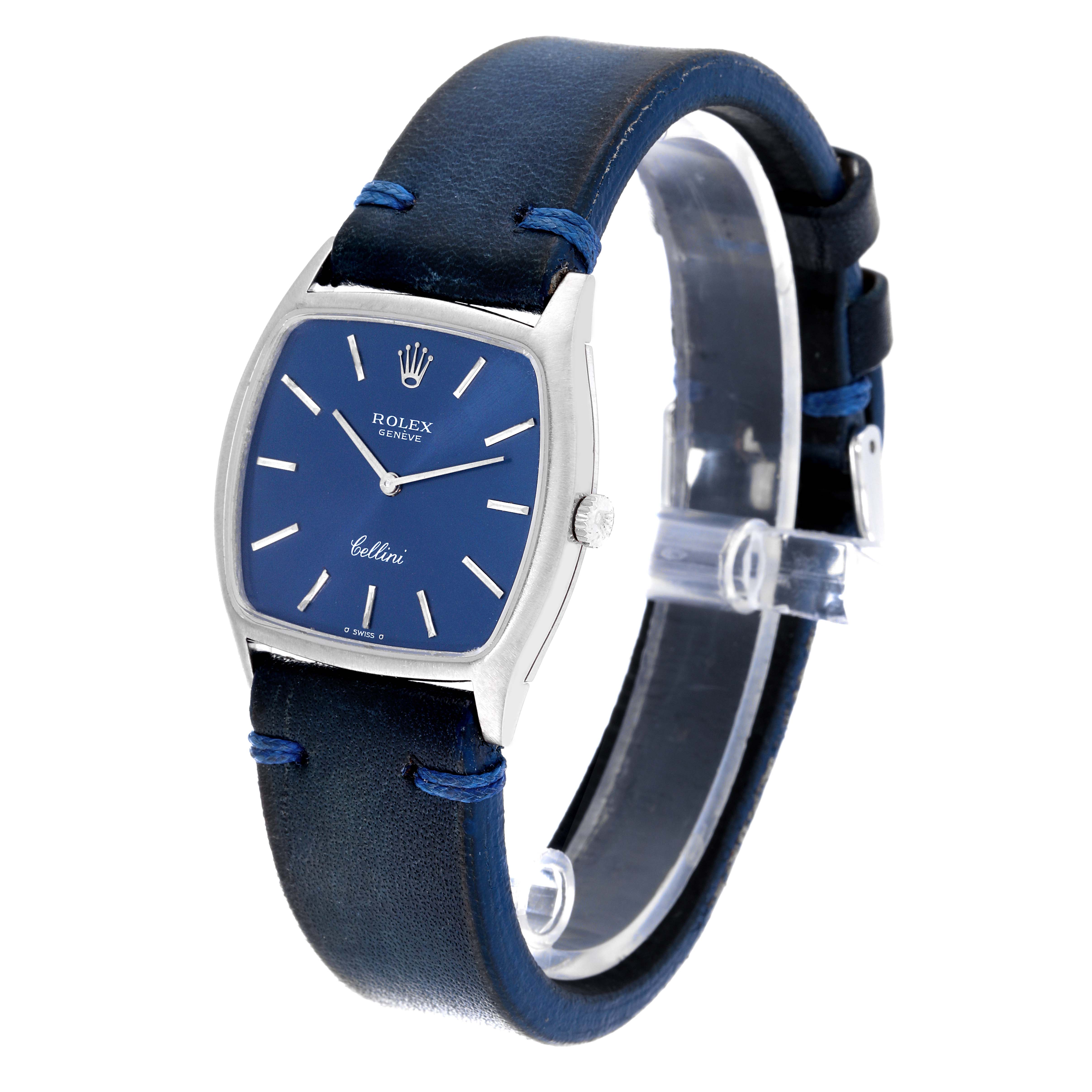 The Rolex Cellini 3805 Men's Stainless Steel Blue Dial 3805 Men's Stainless Steel Blue Dial watch is shown at a three-quarter angle, highlighting its blue dial, leather strap, and crown.