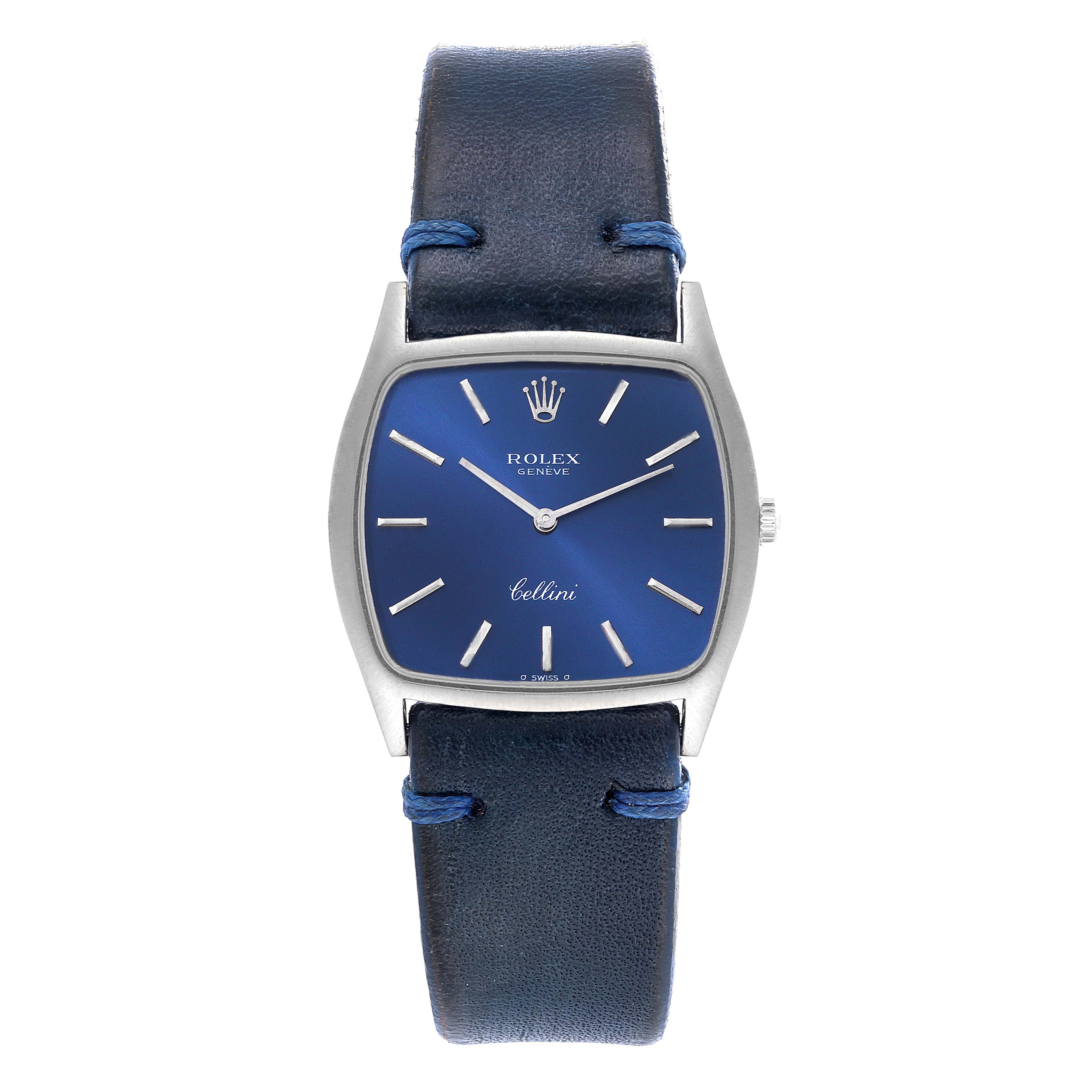 This image shows a front view of the Rolex Cellini 3805 Men's Stainless Steel Blue Dial 3805 Men's Stainless Steel Blue Dial watch, highlighting the face, hands, and strap.