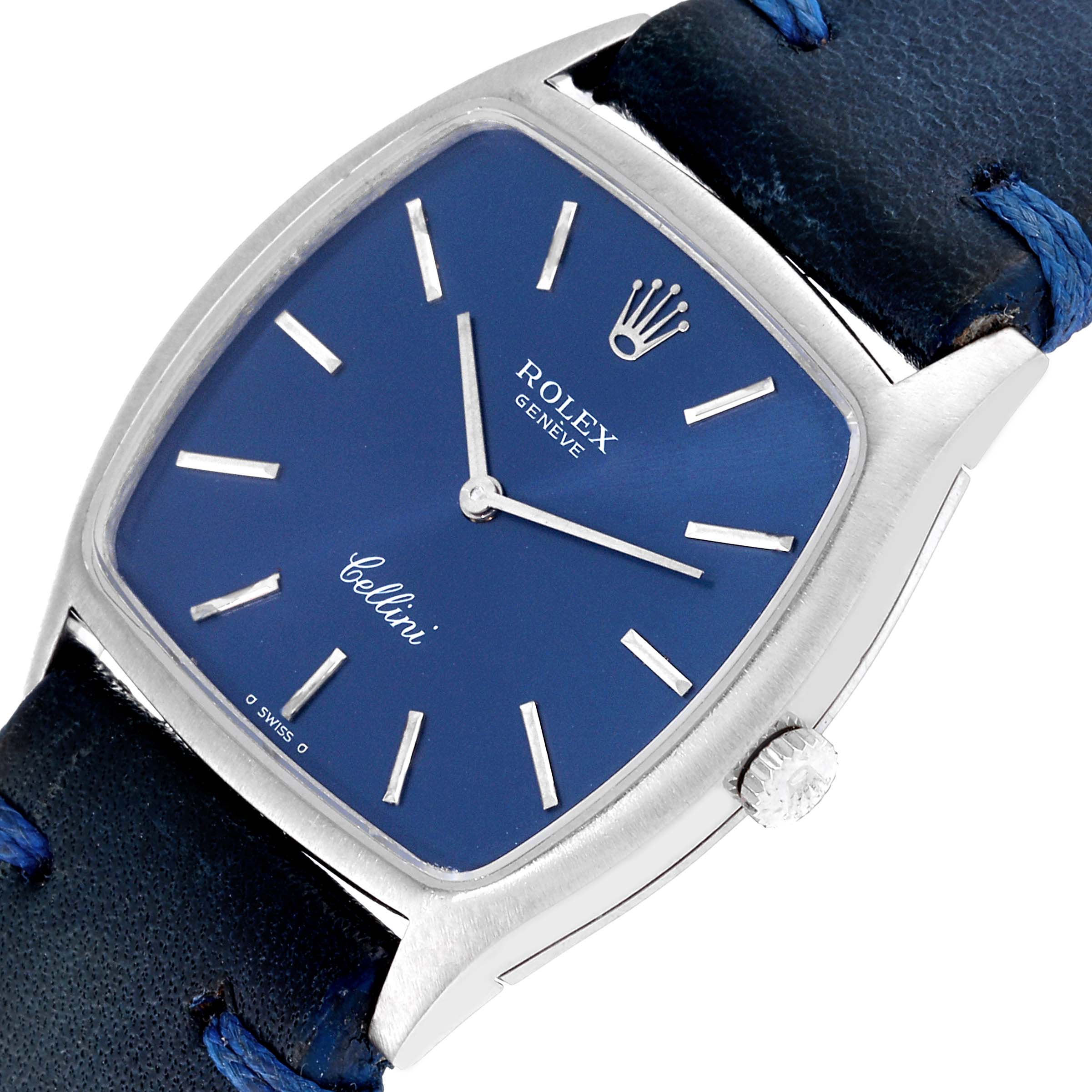 The image shows a close-up angle of the Rolex Cellini 3805 Men's Stainless Steel Blue Dial 3805 Men's Stainless Steel Blue Dial model, highlighting the watch face, case, and part of the leather strap.
