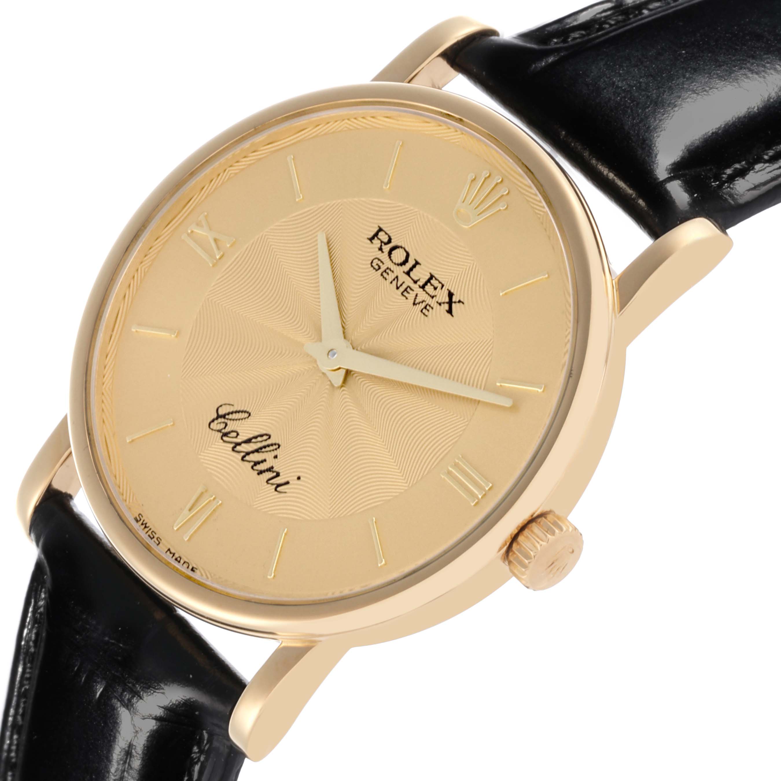 The Rolex Cellini 5115 Men's Yellow Gold Champagne Dial 5115 Men's Yellow Gold Champagne Dial watch is shown at a slight angle, displaying the face, crown, and leather strap.
