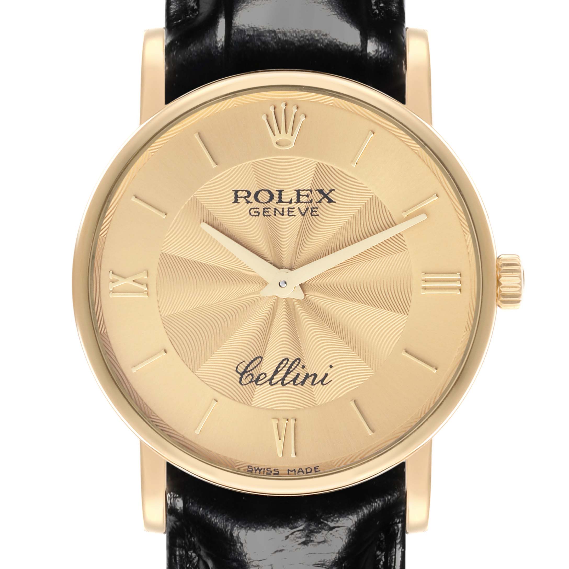 The Rolex Cellini 5115 Men's Yellow Gold Champagne Dial 5115 Men's Yellow Gold Champagne Dial watch is shown from a front angle, displaying its face, hands, crown, and part of the leather strap.