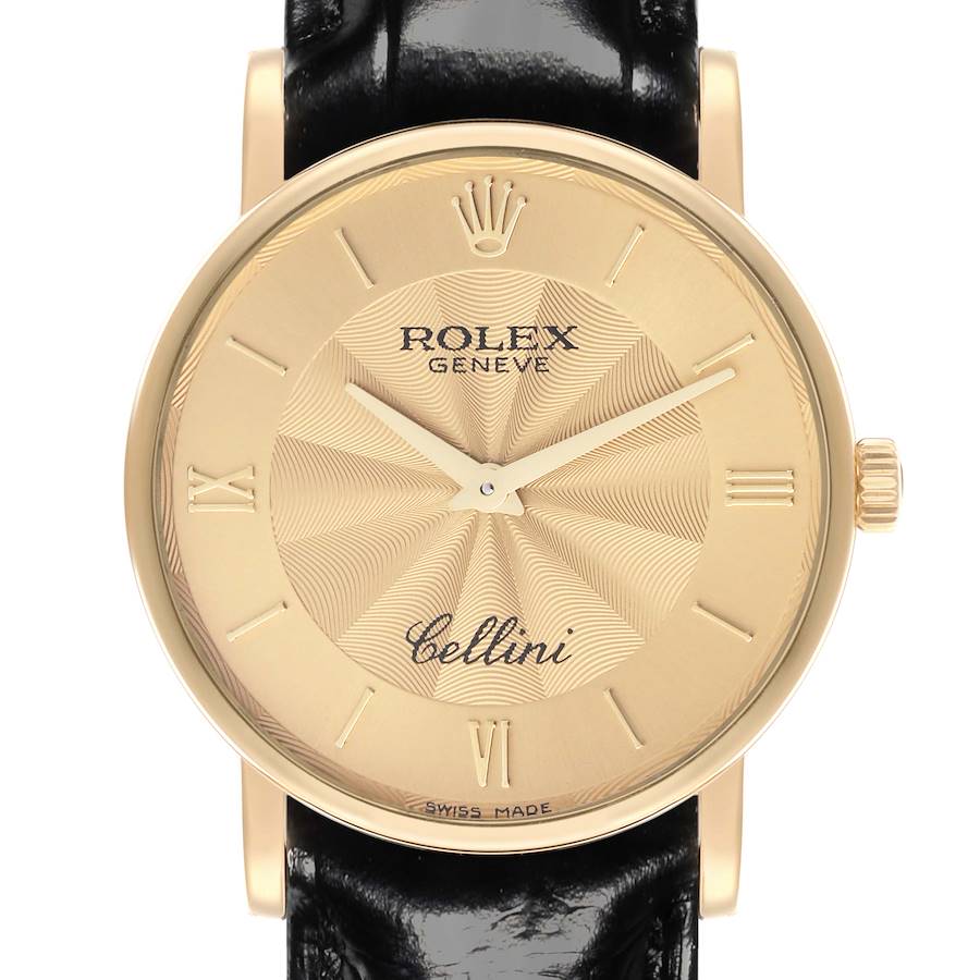 The Rolex Cellini watch is shown from a front angle, displaying its face, hands, crown, and part of the leather strap.