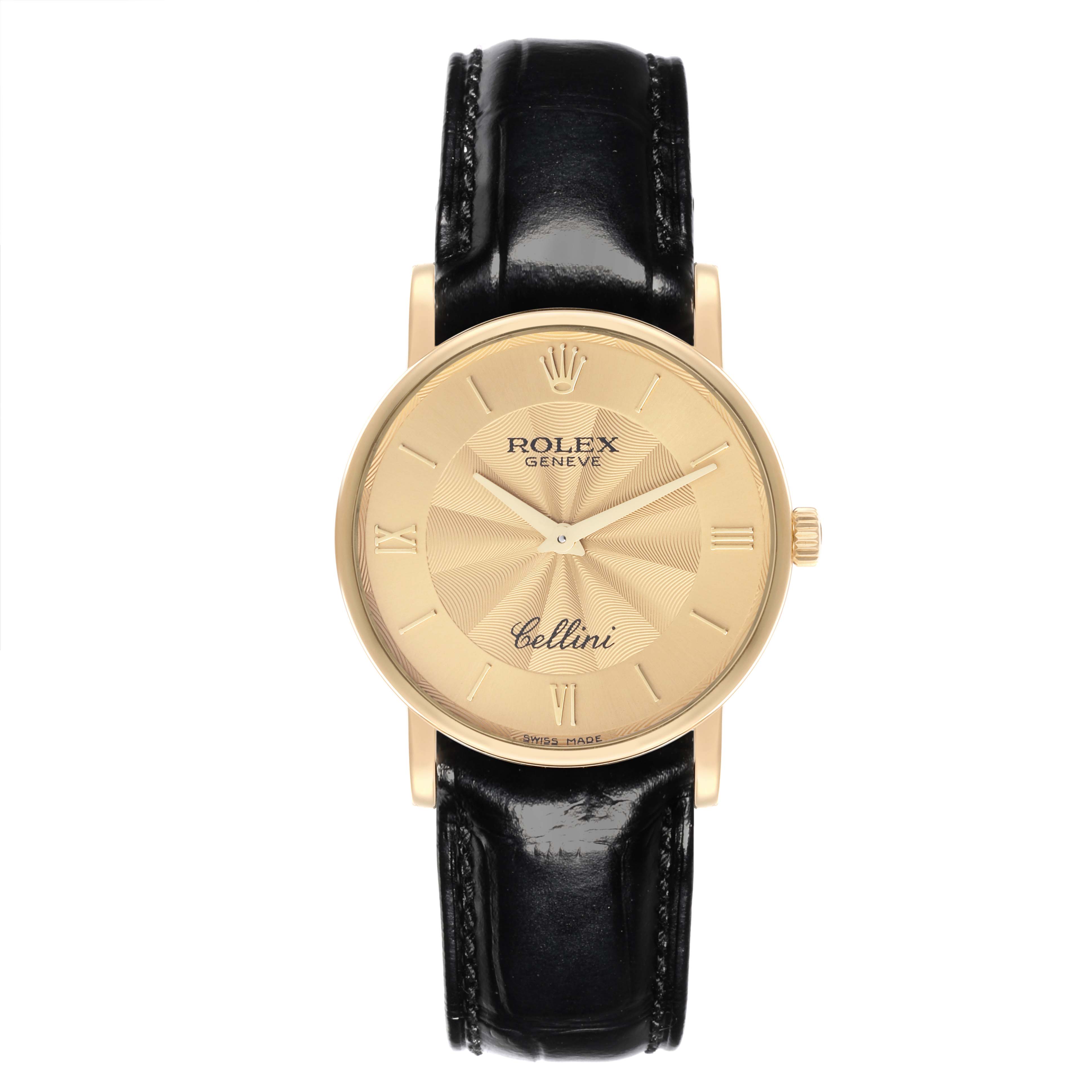 The Rolex Cellini 5115 Men's Yellow Gold Champagne Dial 5115 Men's Yellow Gold Champagne Dial watch is shown from a straight-on angle, displaying its gold dial, roman numerals, and black leather strap.