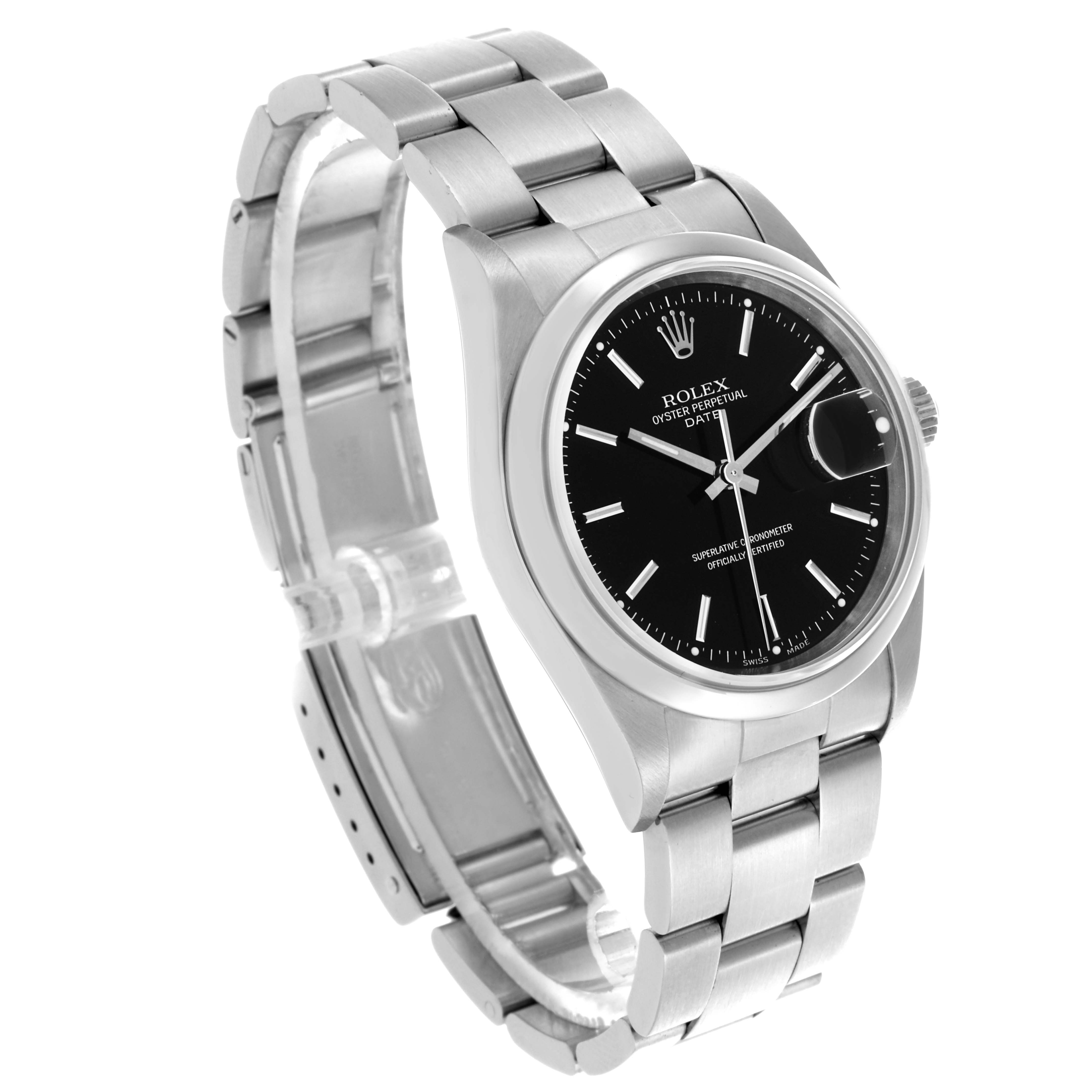 The image shows a Rolex Date 15200 Men's Stainless Steel Black Dial 15200 Men's Stainless Steel Black Dial model at a three-quarter angle, highlighting the dial, bezel, bracelet, and clasp.