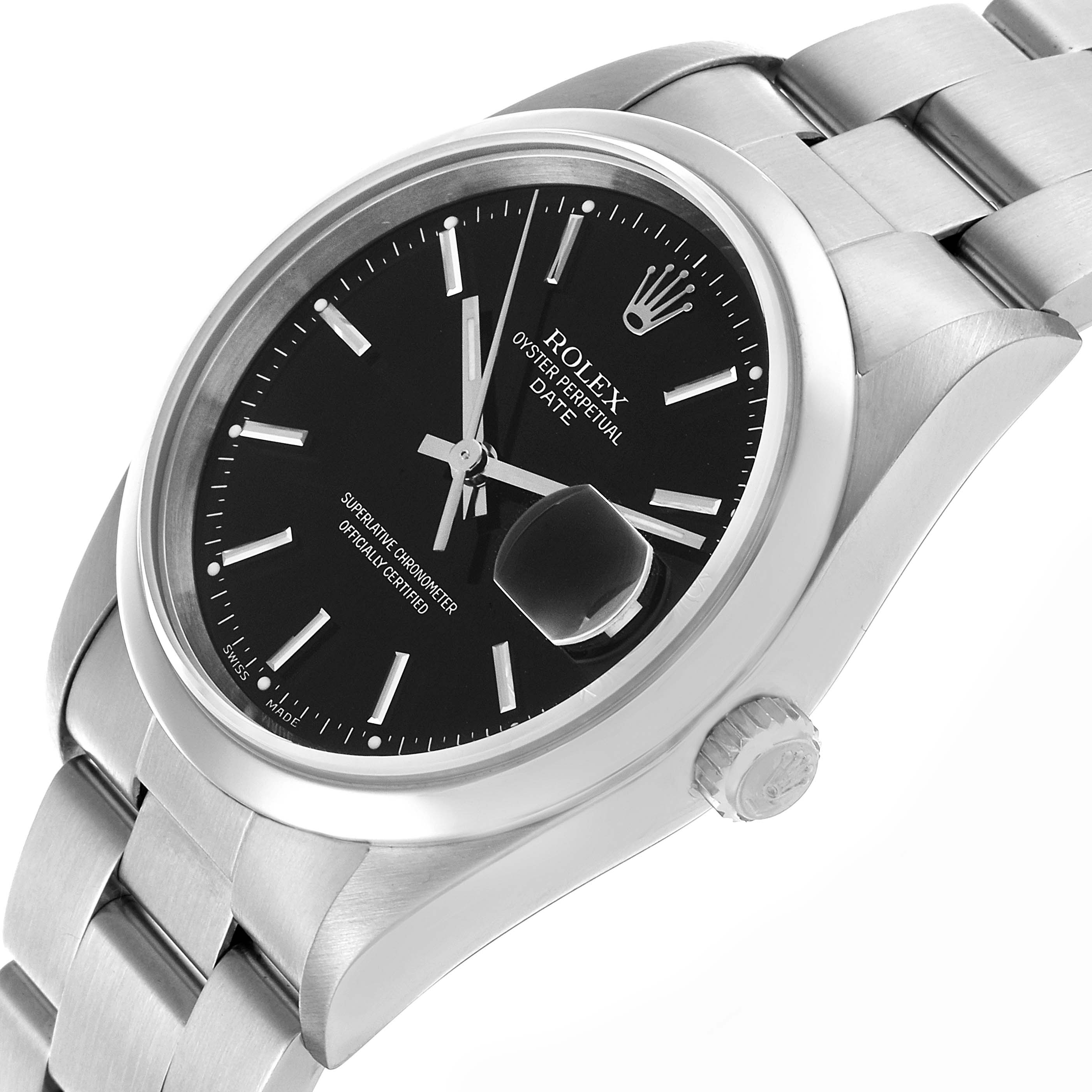 The image shows a Rolex Date 15200 Men's Stainless Steel Black Dial 15200 Men's Stainless Steel Black Dial watch at an angled side view, highlighting the face, bezel, bracelet, crown, and magnified date window.