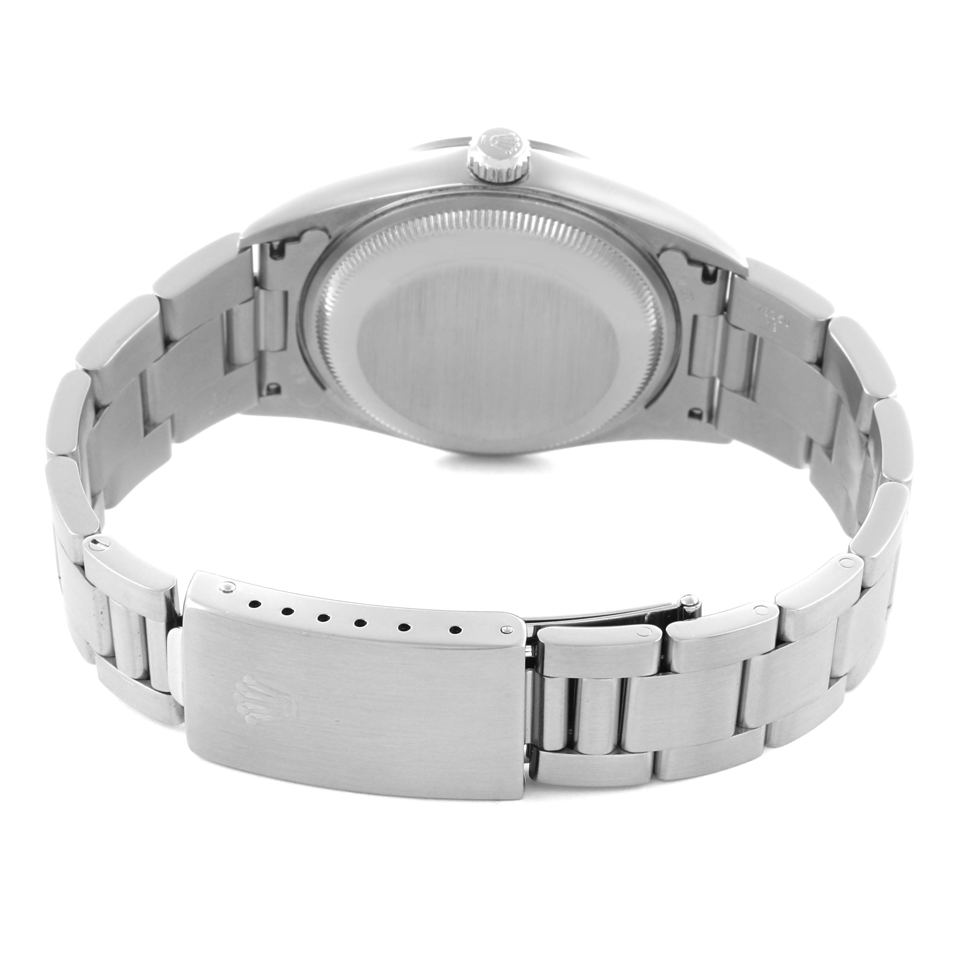 The image shows the back of a Rolex Date 15200 Men's Stainless Steel Black Dial 15200 Men's Stainless Steel Black Dial watch, highlighting the case back, crown, and bracelet with clasp.