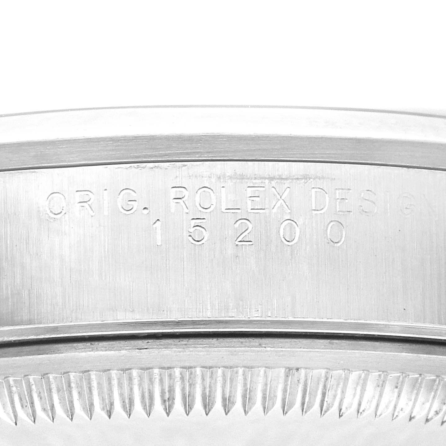 The image shows the side of a Rolex Date 15200 Men's Stainless Steel Black Dial 15200 Men's Stainless Steel Black Dial model, focusing on the engraved reference number.