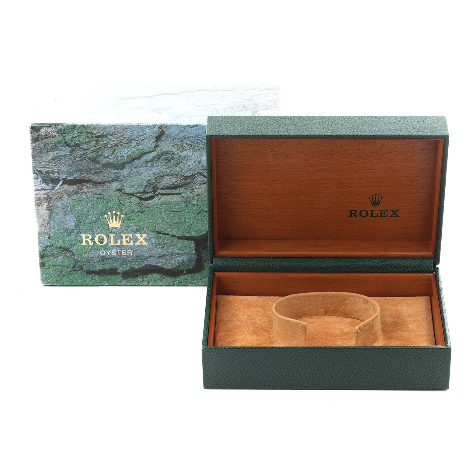 The image shows the open Rolex Date 15200 Men's Stainless Steel Black Dial 15200 Men's Stainless Steel Black Dial watch box with its inner cushion, viewed from the front.