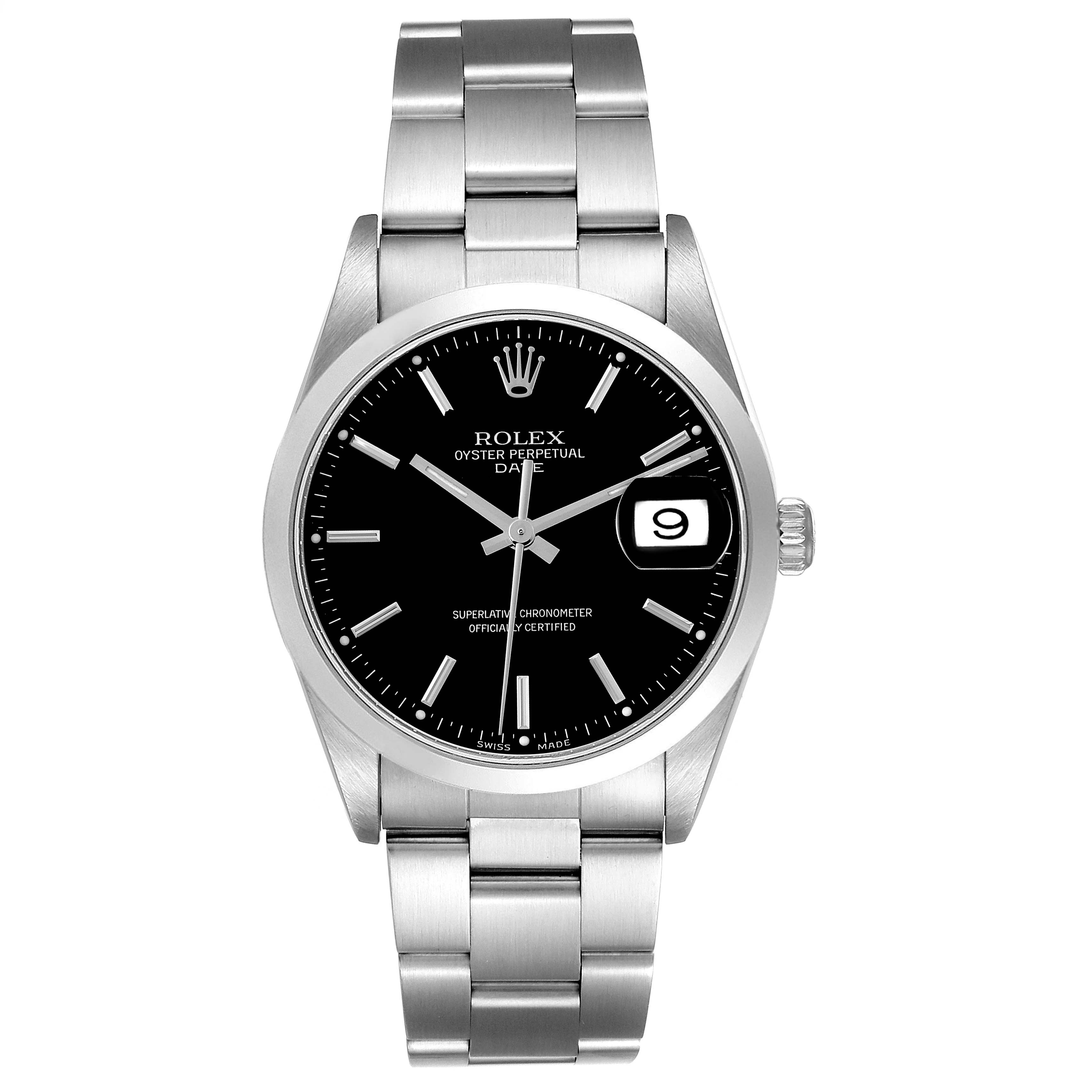 The Rolex Date 15200 Men's Stainless Steel Black Dial 15200 Men's Stainless Steel Black Dial watch is shown head-on, displaying the face, bezel, and part of the bracelet.