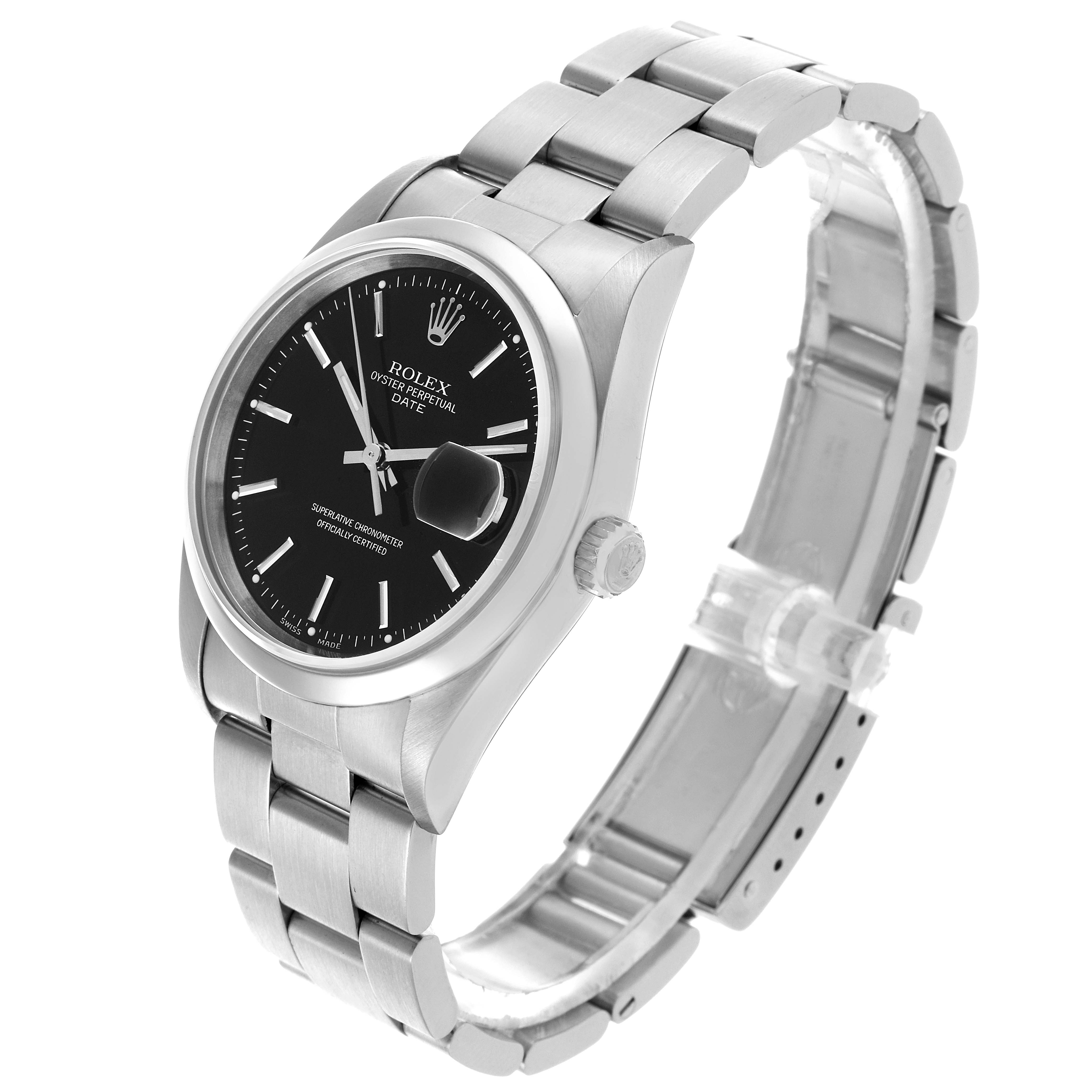 The Rolex Date 15200 Men's Stainless Steel Black Dial 15200 Men's Stainless Steel Black Dial model watch is shown at a three-quarter angle, highlighting the black dial, bezel, and bracelet.