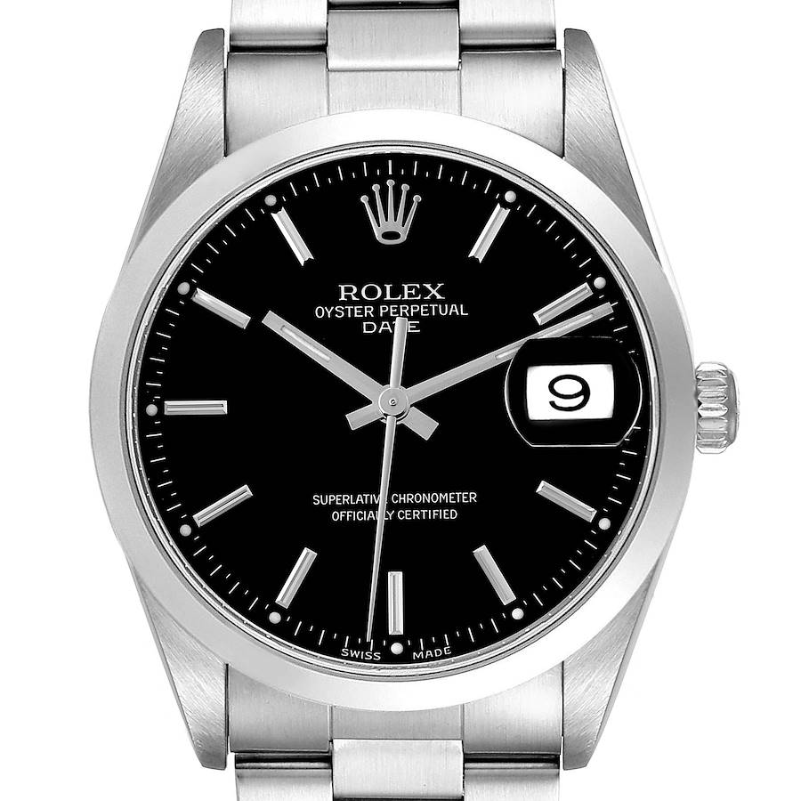 The Rolex Date watch is shown from the front, highlighting the black dial, markers, bezel, and part of the bracelet.