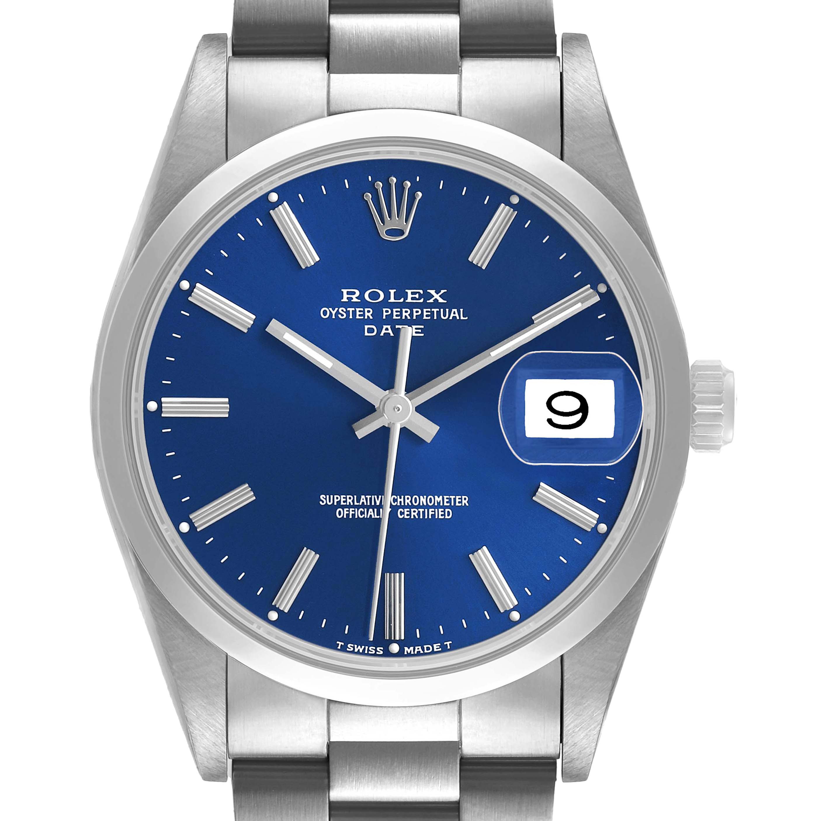 The image shows a front view of a Rolex Date 15200 Men's Stainless Steel Blue Dial watch featuring a blue dial, silver indices, date window, and stainless steel bracelet.