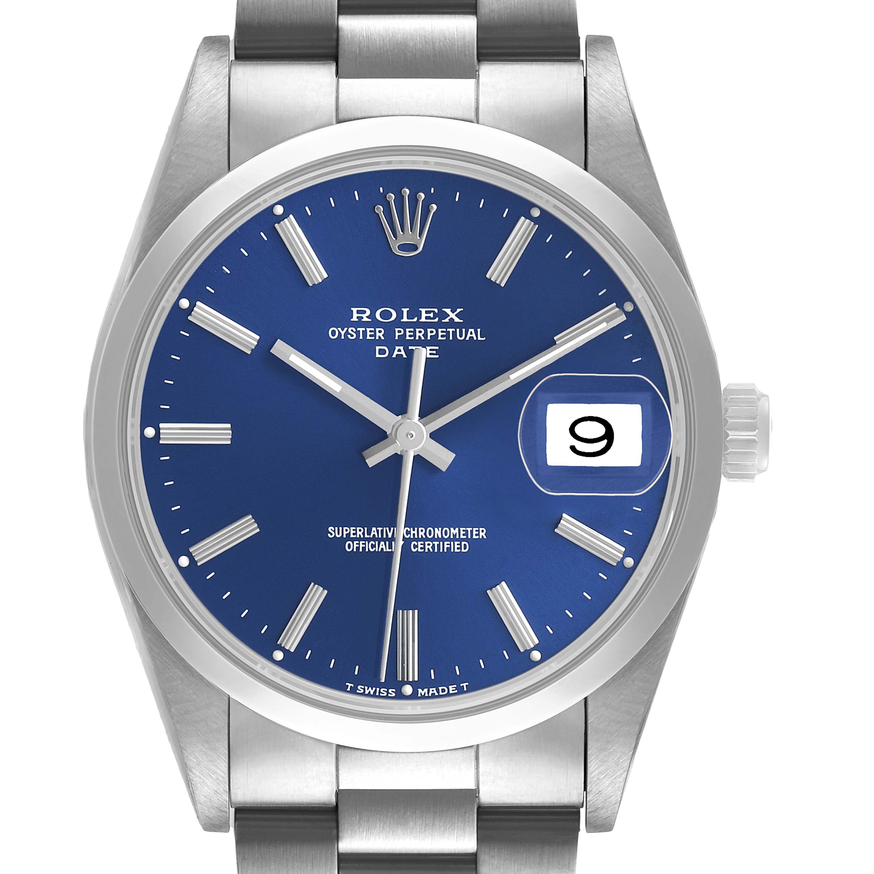 The Rolex Date 15200 Men's Stainless Steel Blue Dial model is shown from a front angle, featuring the blue dial, hour markers, and date window.