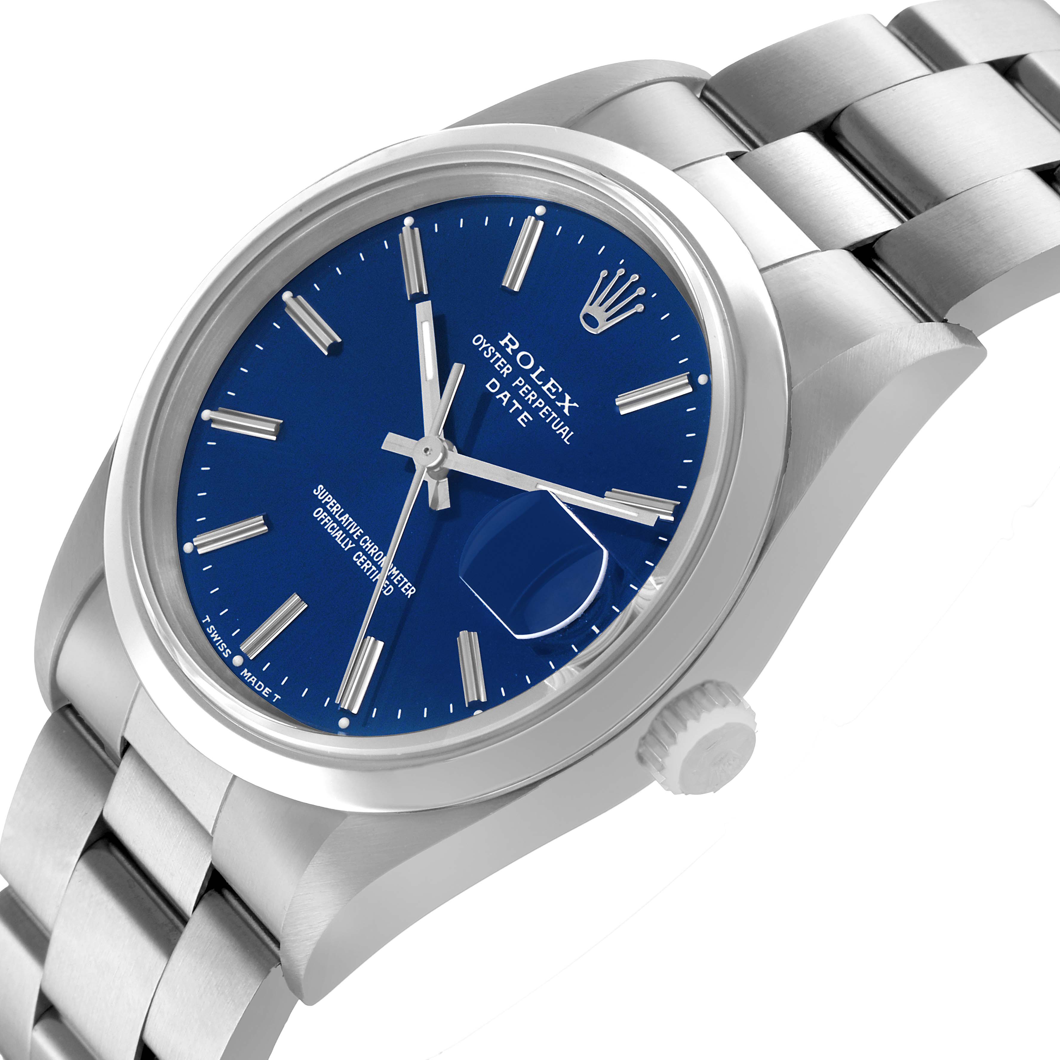 The Rolex Date 15200 Men's Stainless Steel Blue Dial watch is shown at a tilted angle, highlighting the blue dial, silver indices, crown, case, and part of the bracelet.