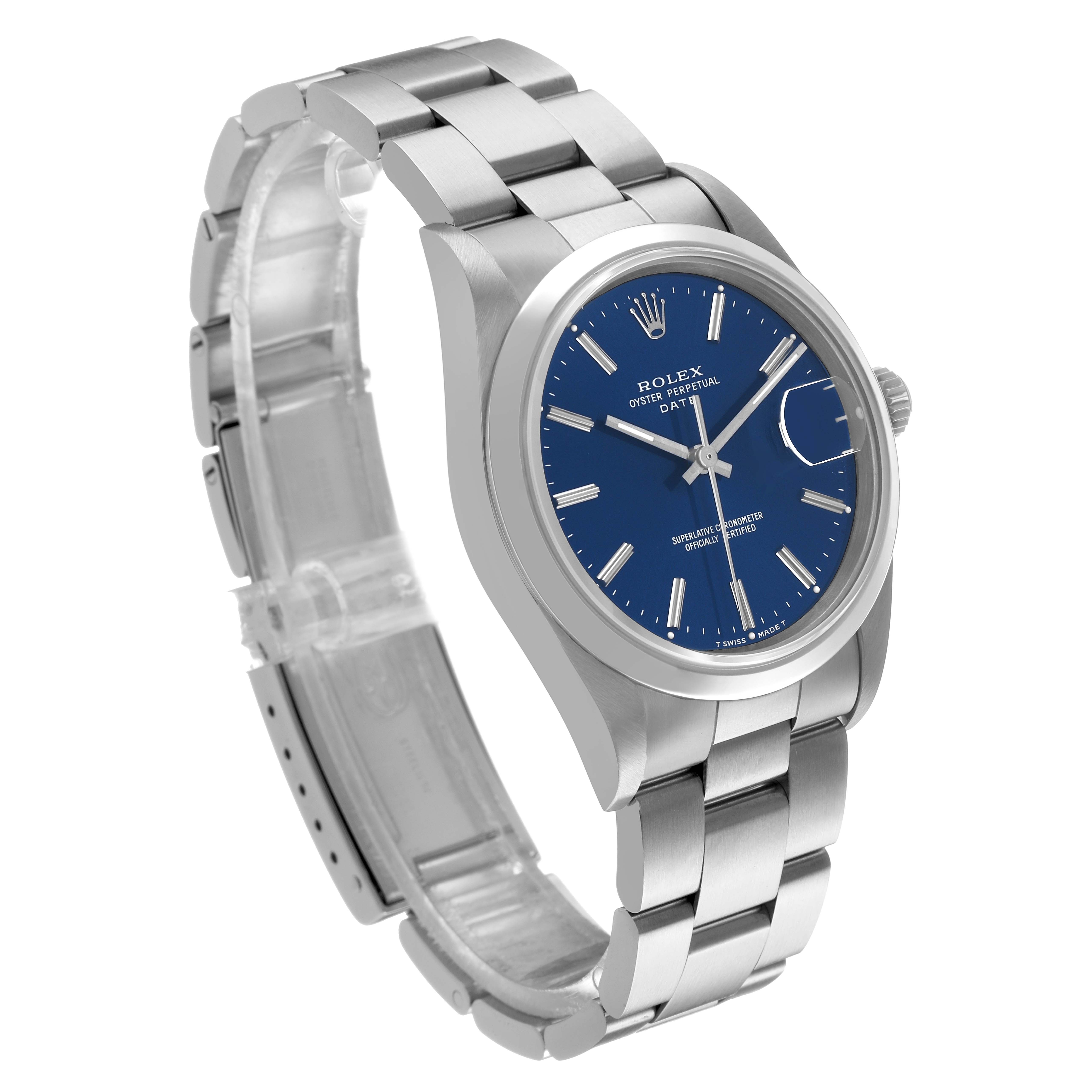 The Rolex Date 15200 Men's Stainless Steel Blue Dial model is shown at a three-quarter angle, highlighting the bracelet, clasp, and blue dial with silver indices.