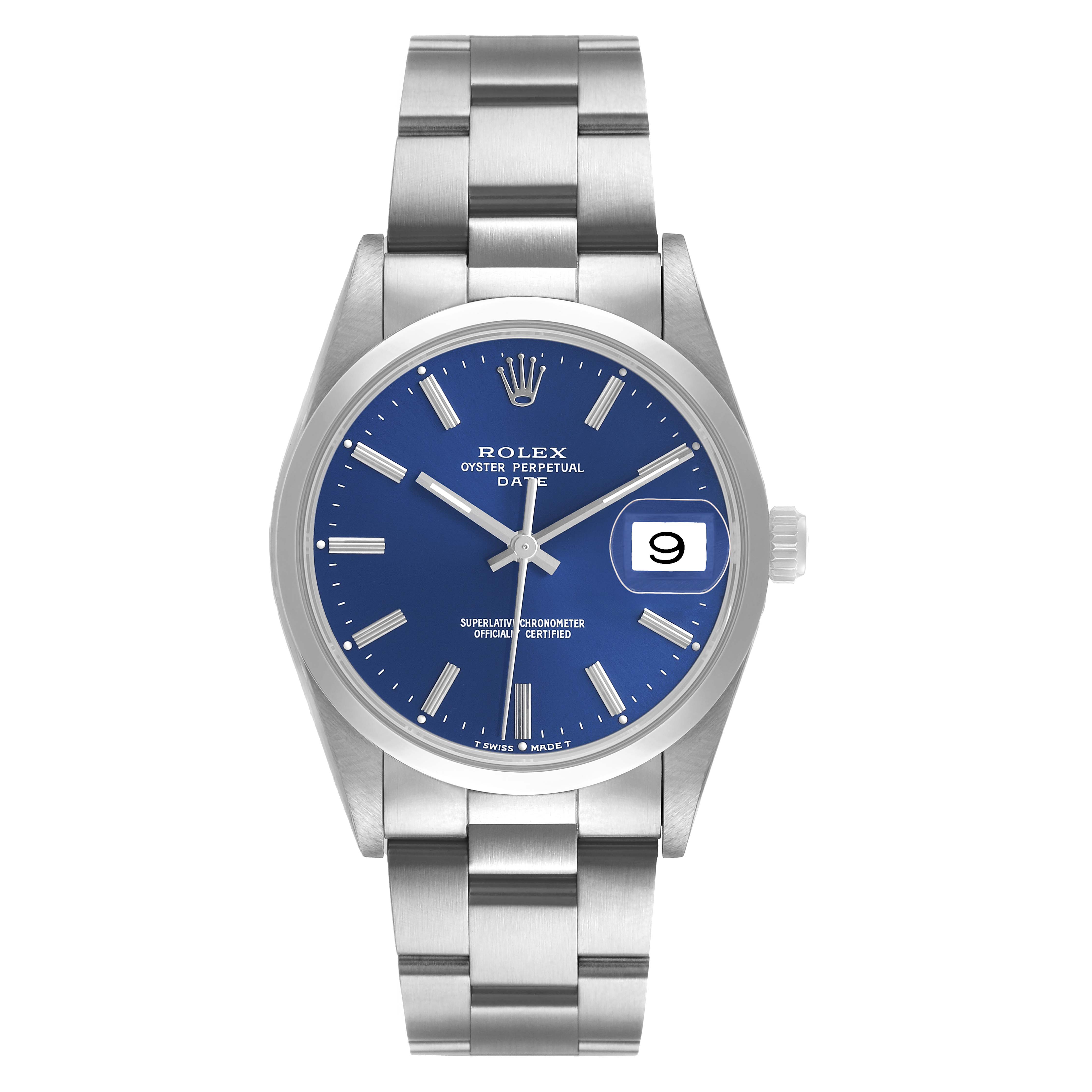 The Rolex Date 15200 Men's Stainless Steel Blue Dial model is shown from a front angle, displaying the blue dial, date window, and stainless steel bracelet.