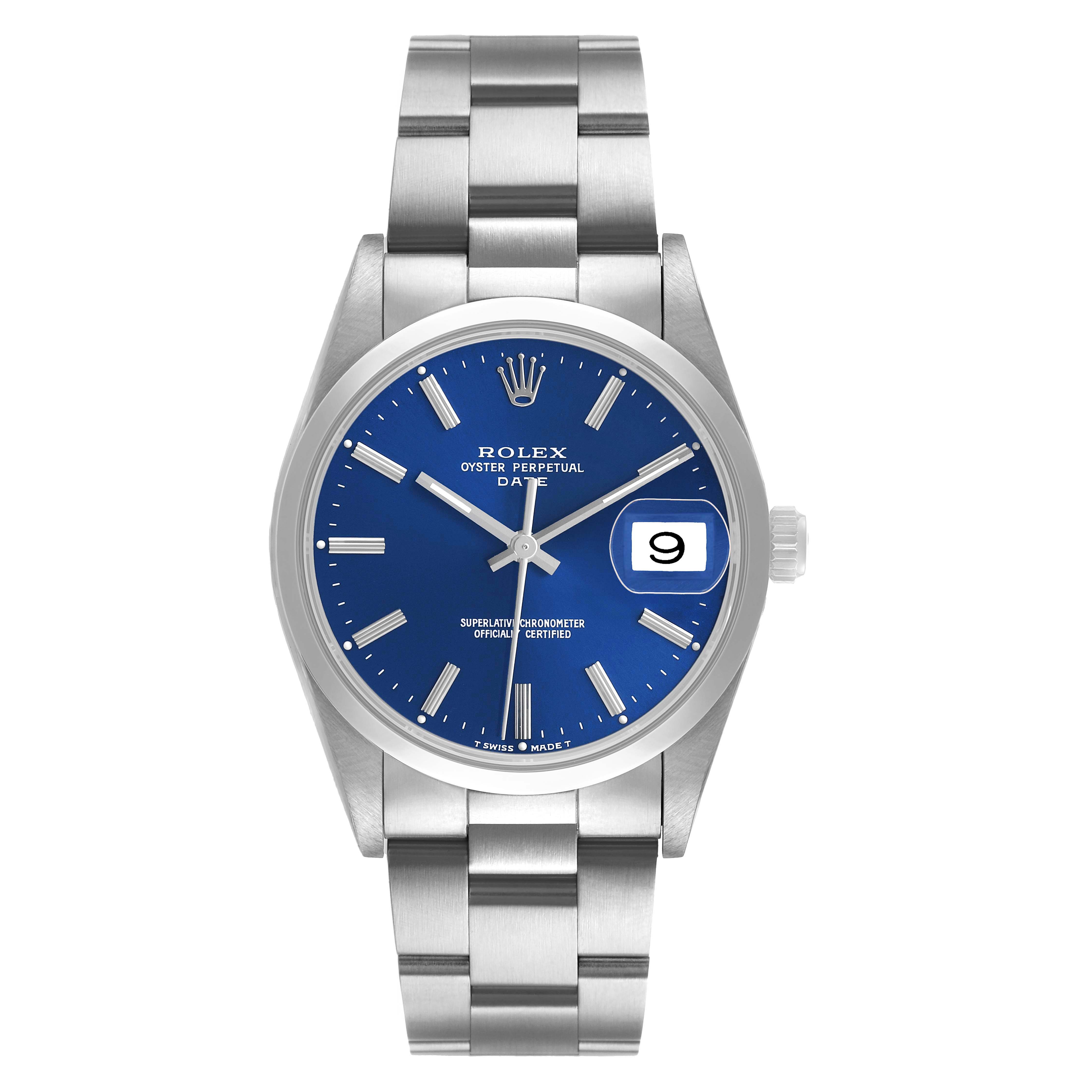 The image shows a front view of the Rolex Date 15200 Men's Stainless Steel Blue Dial, featuring its blue dial, silver bracelet, and date window.
