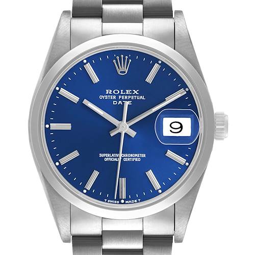 The Rolex Date 15200 Men's Stainless Steel Blue Dial model is shown from the front, displaying the blue dial, hour markers, hands, date window, and part of the bracelet.