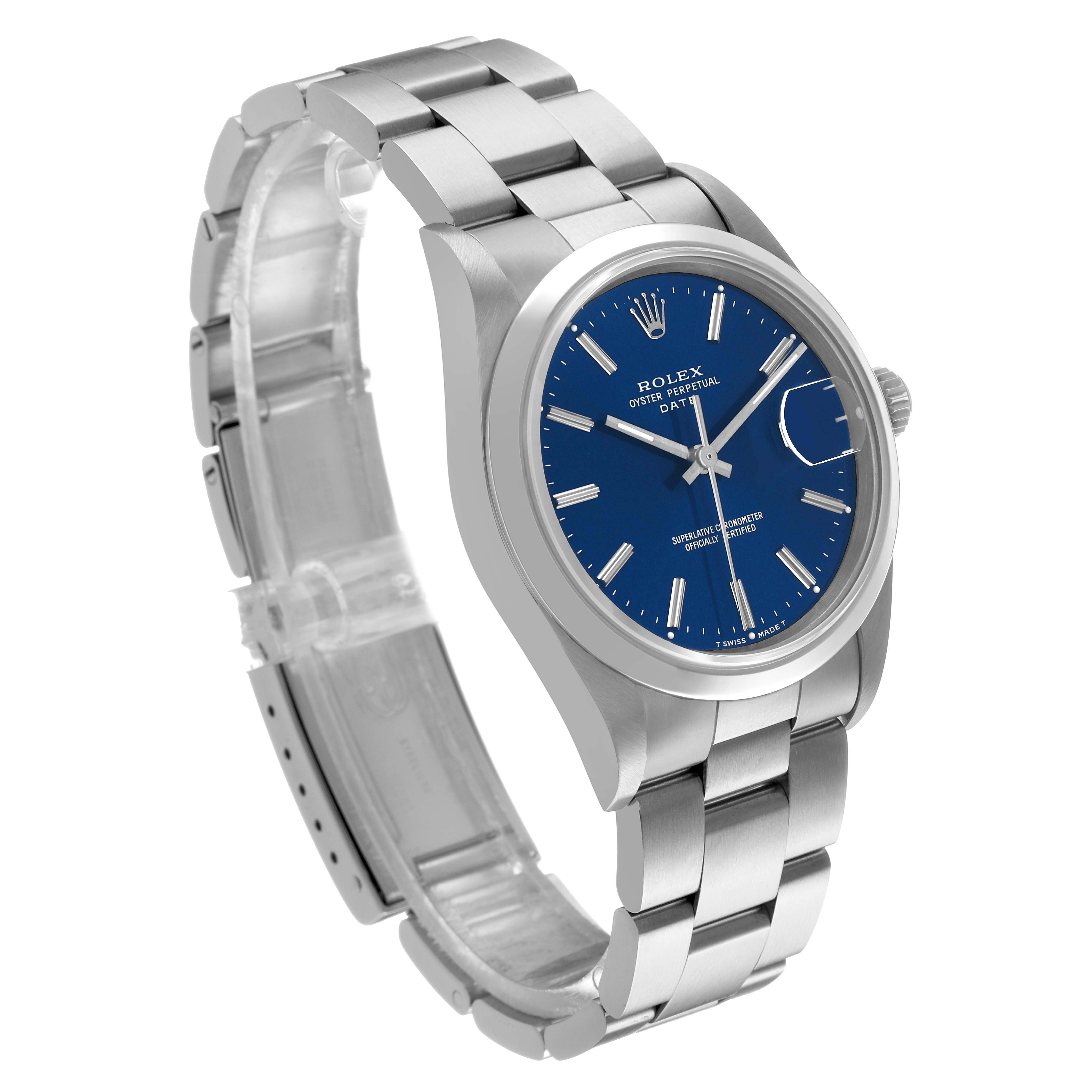 The Rolex Date 15200 Men's Stainless Steel Blue Dial model watch is shown in an angled view, highlighting the blue dial, bezel, crown, and metal bracelet.