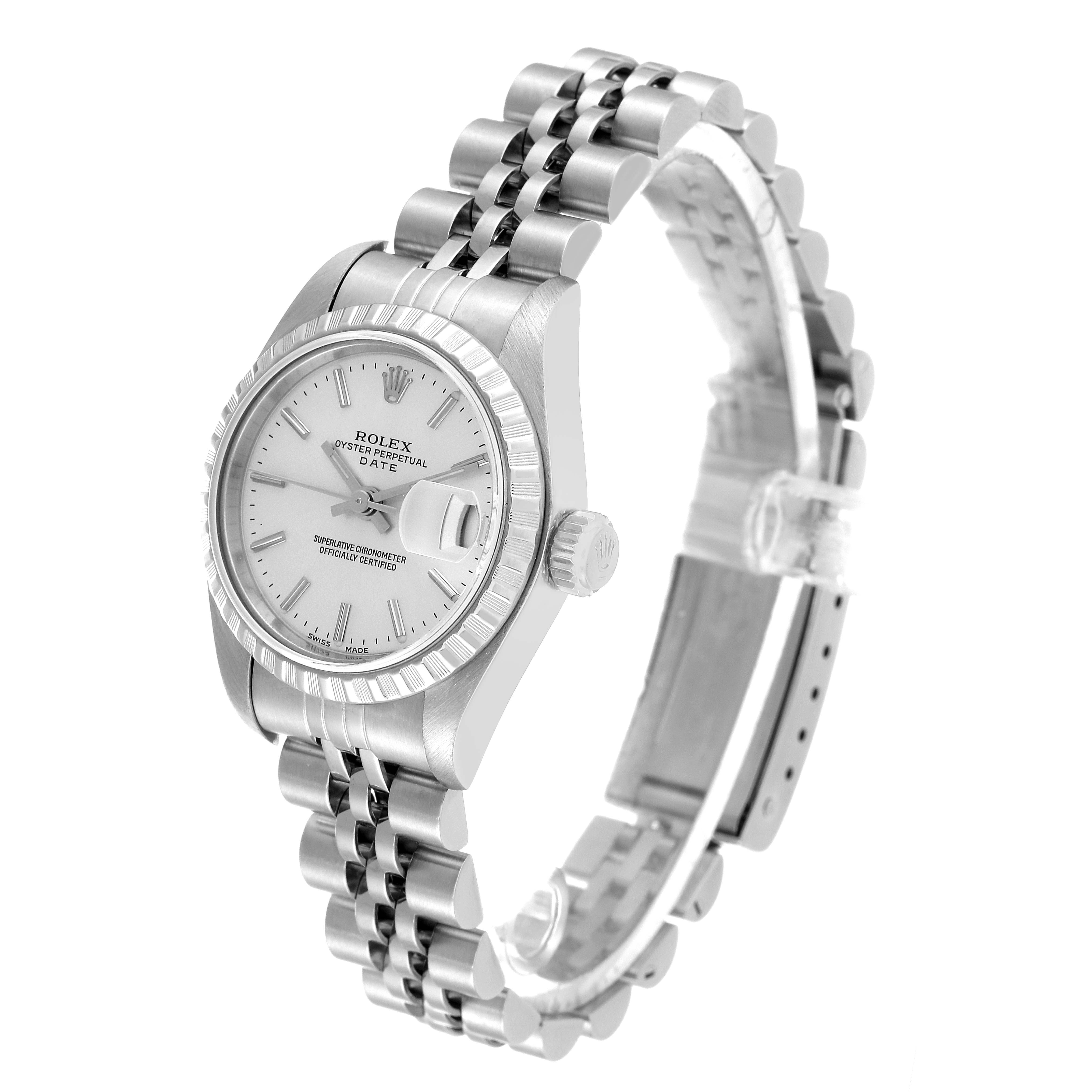 The image shows a Rolex Date 79240 Women
s Stainless Steel Silver Dial 79240 Women
s Stainless Steel Silver Dial model watch at a three-quarter angle, displaying the dial, bezel, crown, and part of the bracelet.
