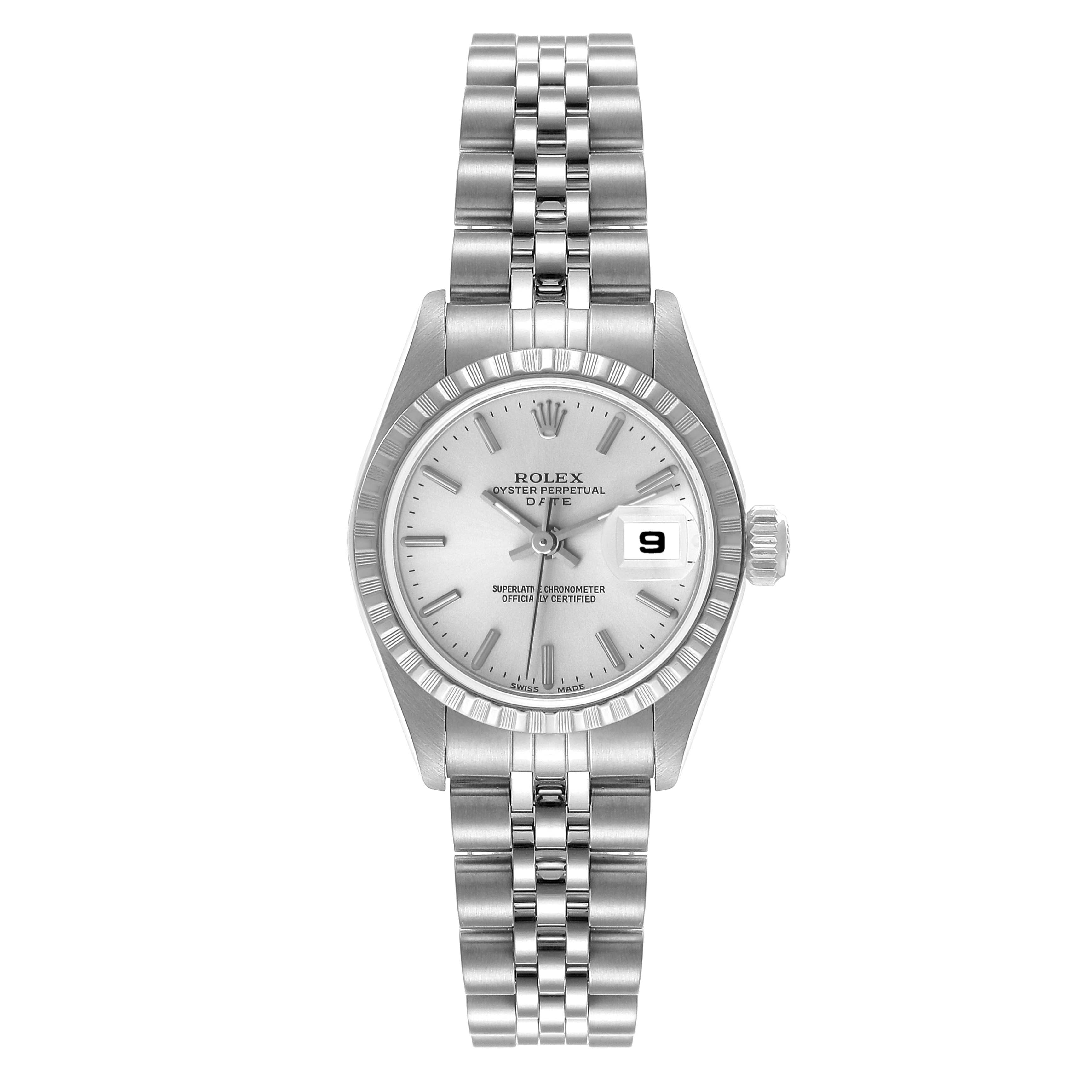 The image shows a front view of the Rolex Date 79240 Women
s Stainless Steel Silver Dial 79240 Women
s Stainless Steel Silver Dial model watch, displaying the face, bezel, crown, and part of the bracelet.