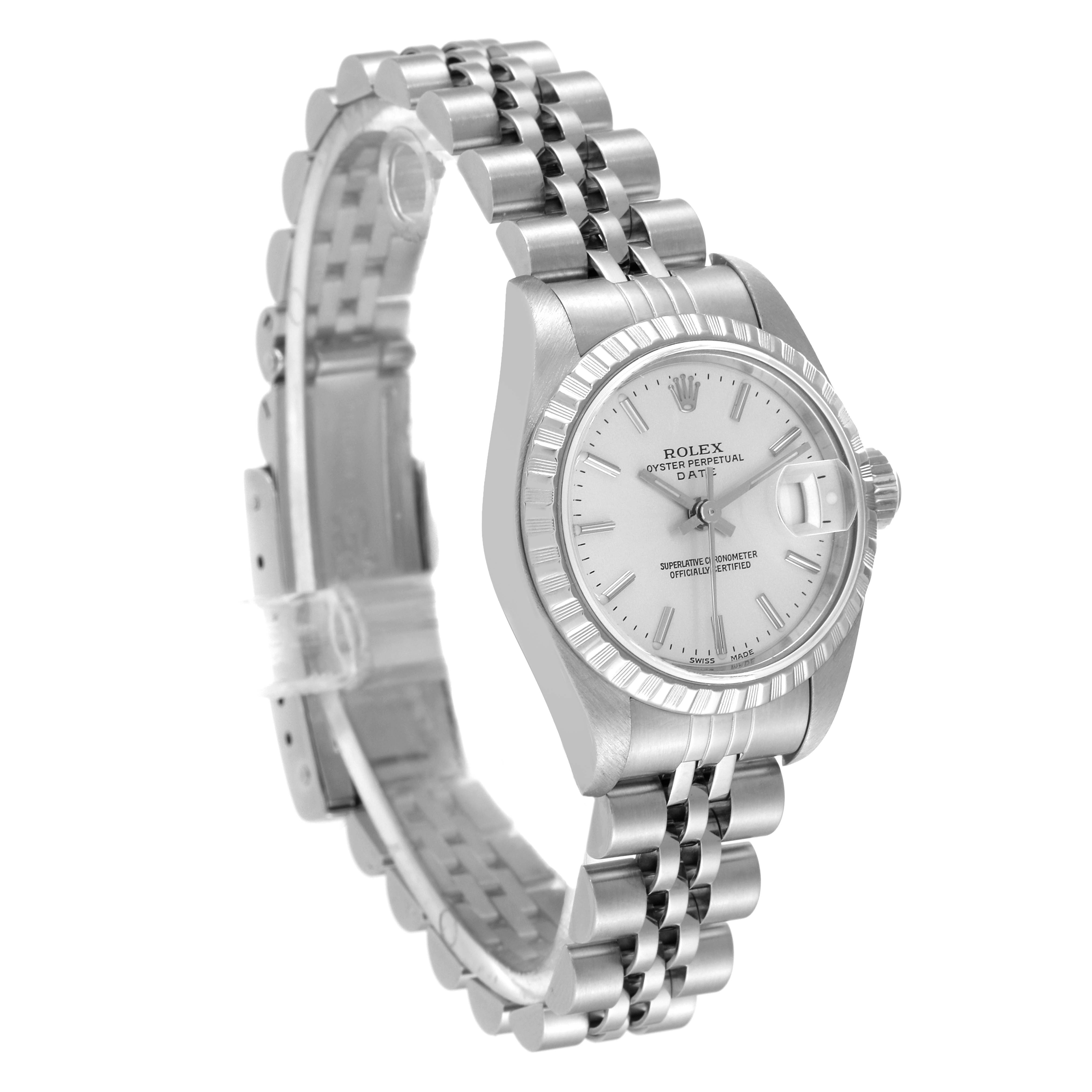 The Rolex Date 79240 Women
s Stainless Steel Silver Dial 79240 Women
s Stainless Steel Silver Dial model watch is shown at a slight angle, displaying its dial, bezel, and bracelet with clasp.