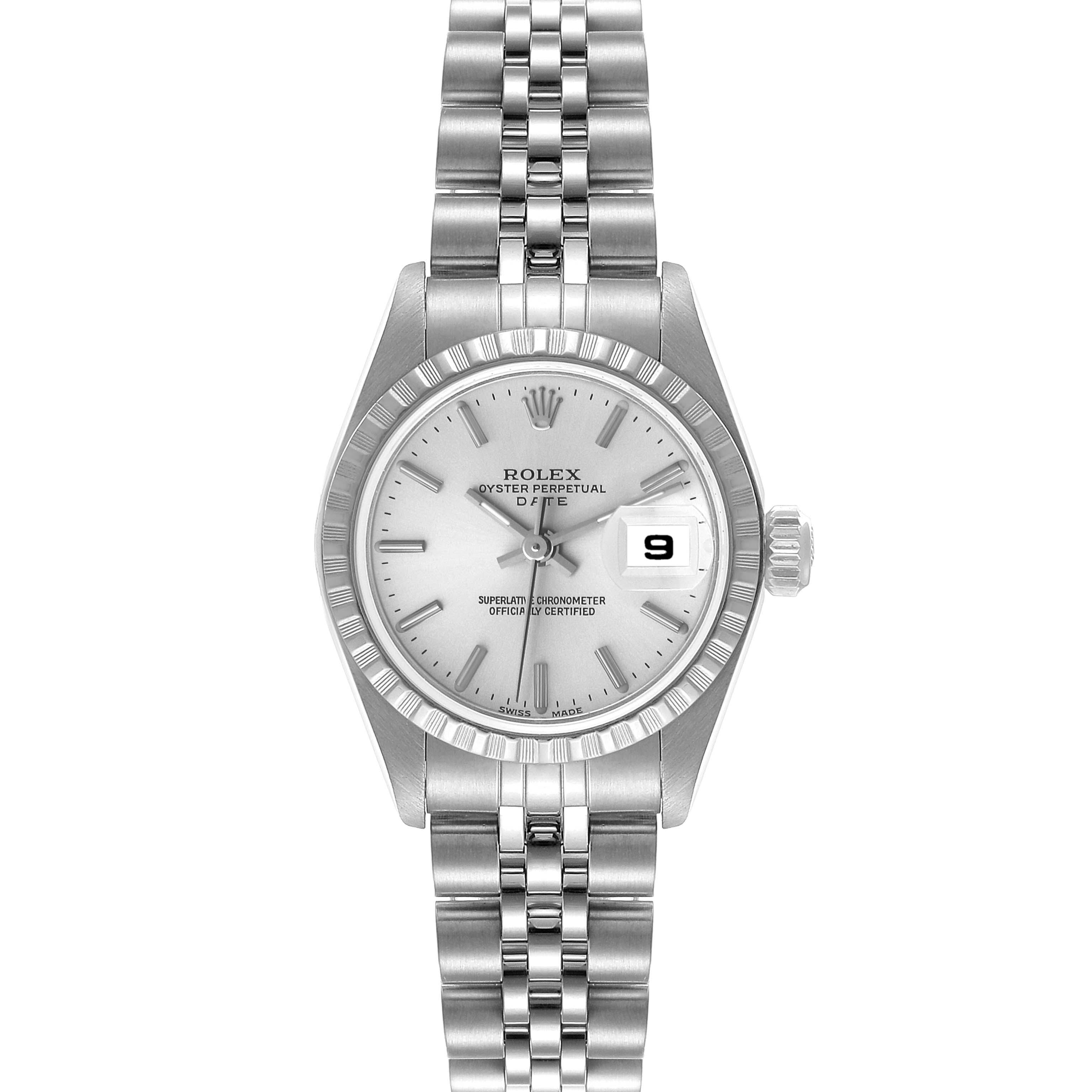 The image shows a front view of a Rolex Date 79240 Women
s Stainless Steel Silver Dial 79240 Women
s Stainless Steel Silver Dial watch with its face, bezel, crown, and bracelet visible.