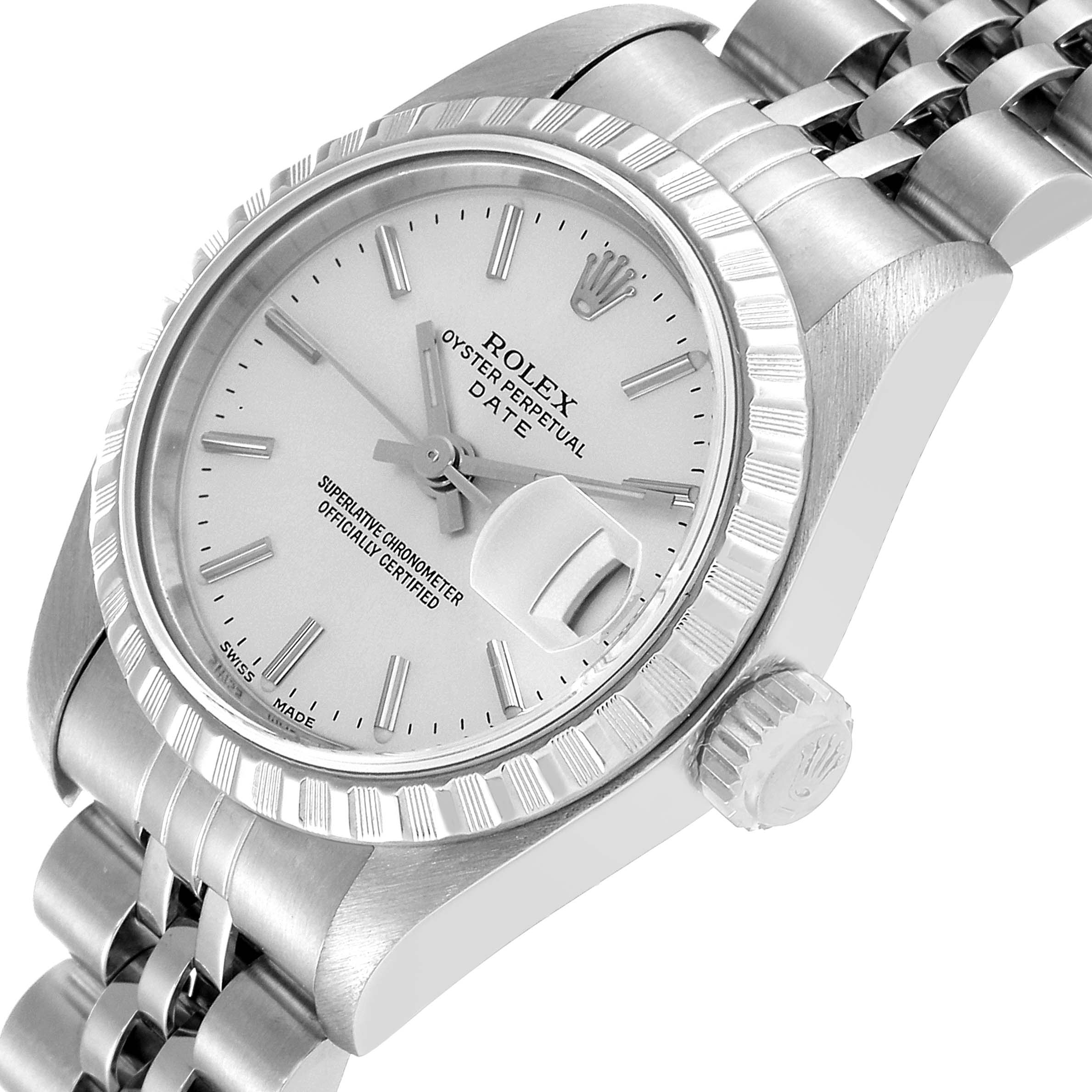 The Rolex Date 79240 Women
s Stainless Steel Silver Dial 79240 Women
s Stainless Steel Silver Dial model watch is shown at an angled view highlighting the dial, bezel, crown, and part of the bracelet.
