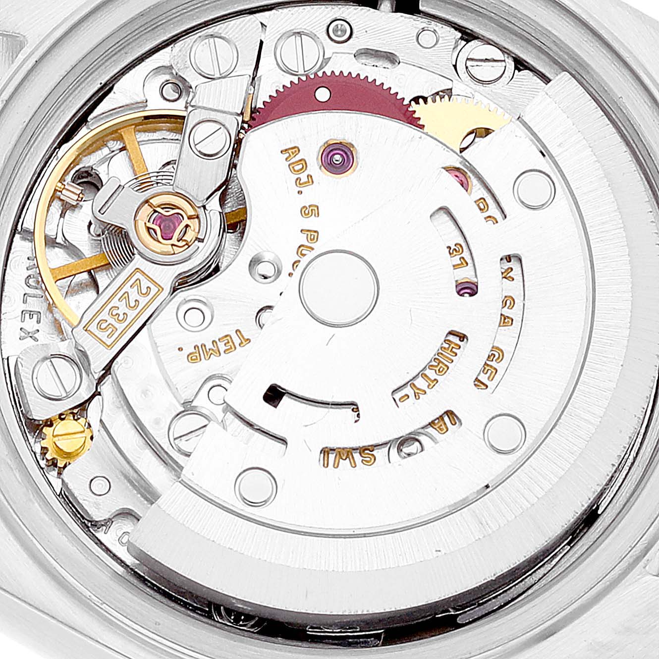 The image shows the movement and internal mechanism of a Rolex Date 79240 Women
s Stainless Steel Silver Dial 79240 Women
s Stainless Steel Silver Dial model watch from a close-up, angled view.