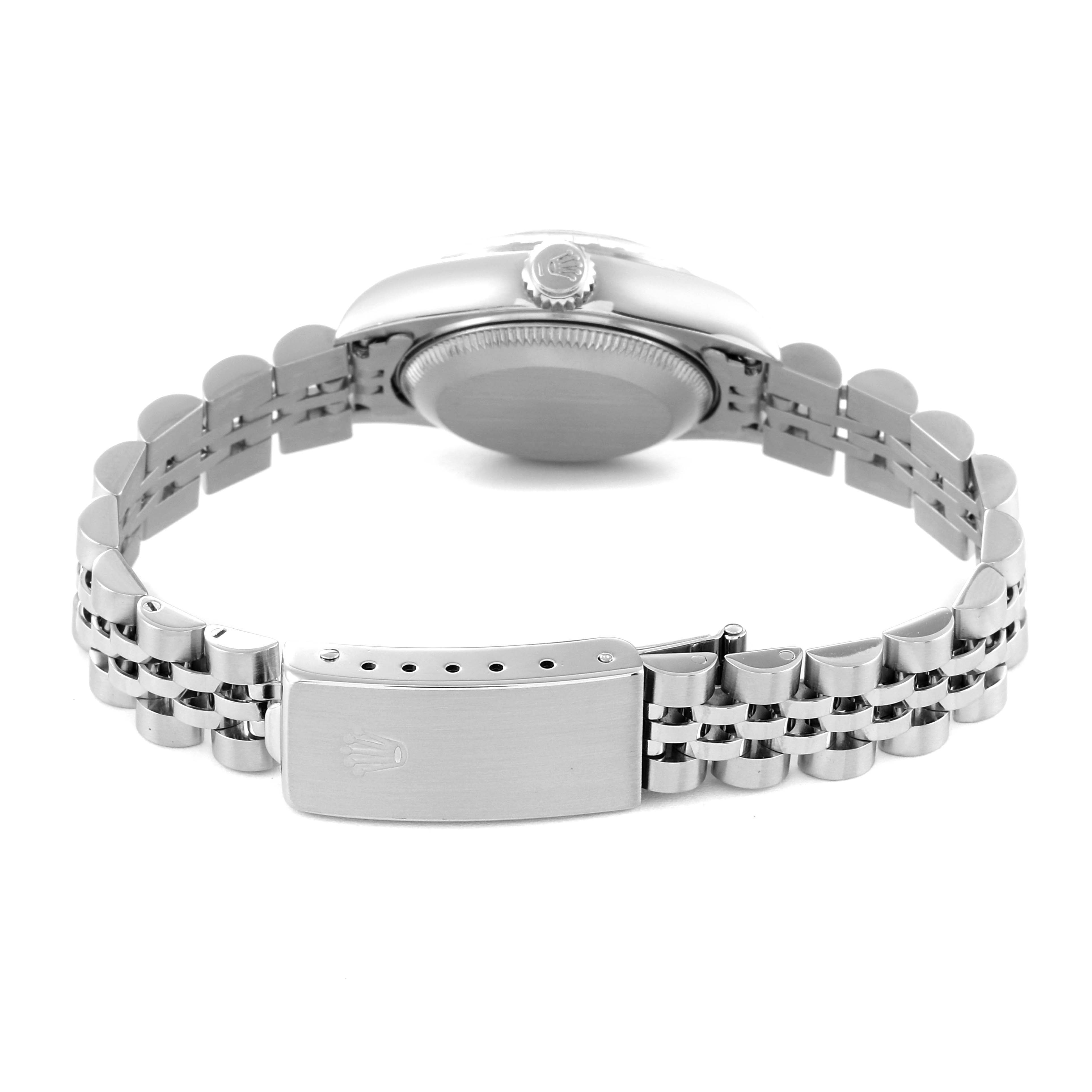 The image shows the back view of a Rolex Date 79240 Women
s Stainless Steel Silver Dial 79240 Women
s Stainless Steel Silver Dial model watch, focusing on the clasp and bracelet.